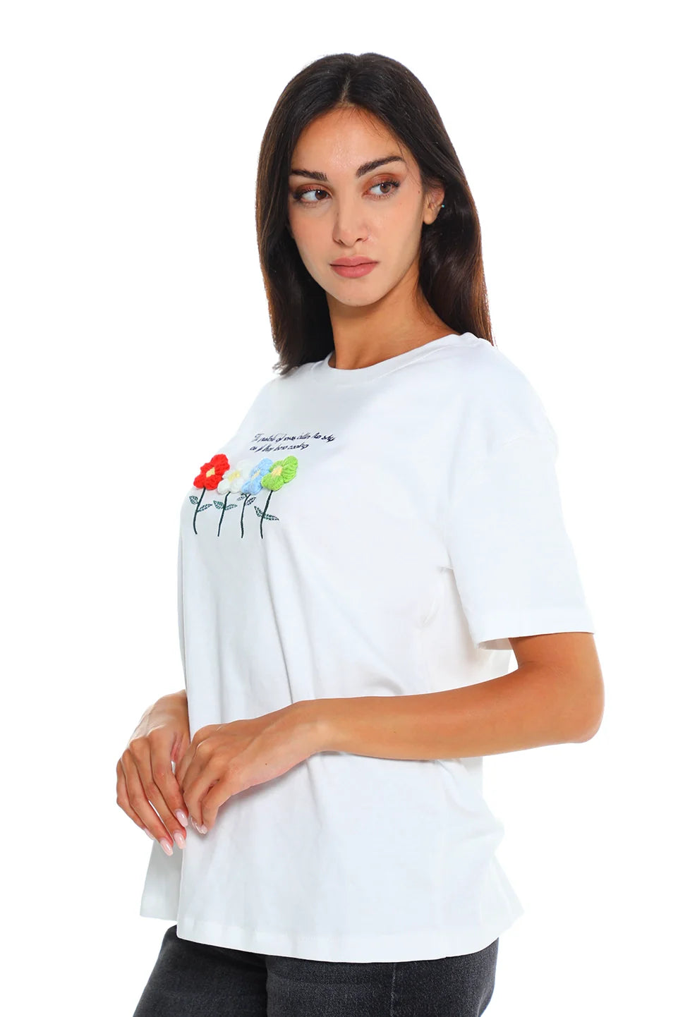 White T-shirt With Flower Front Design