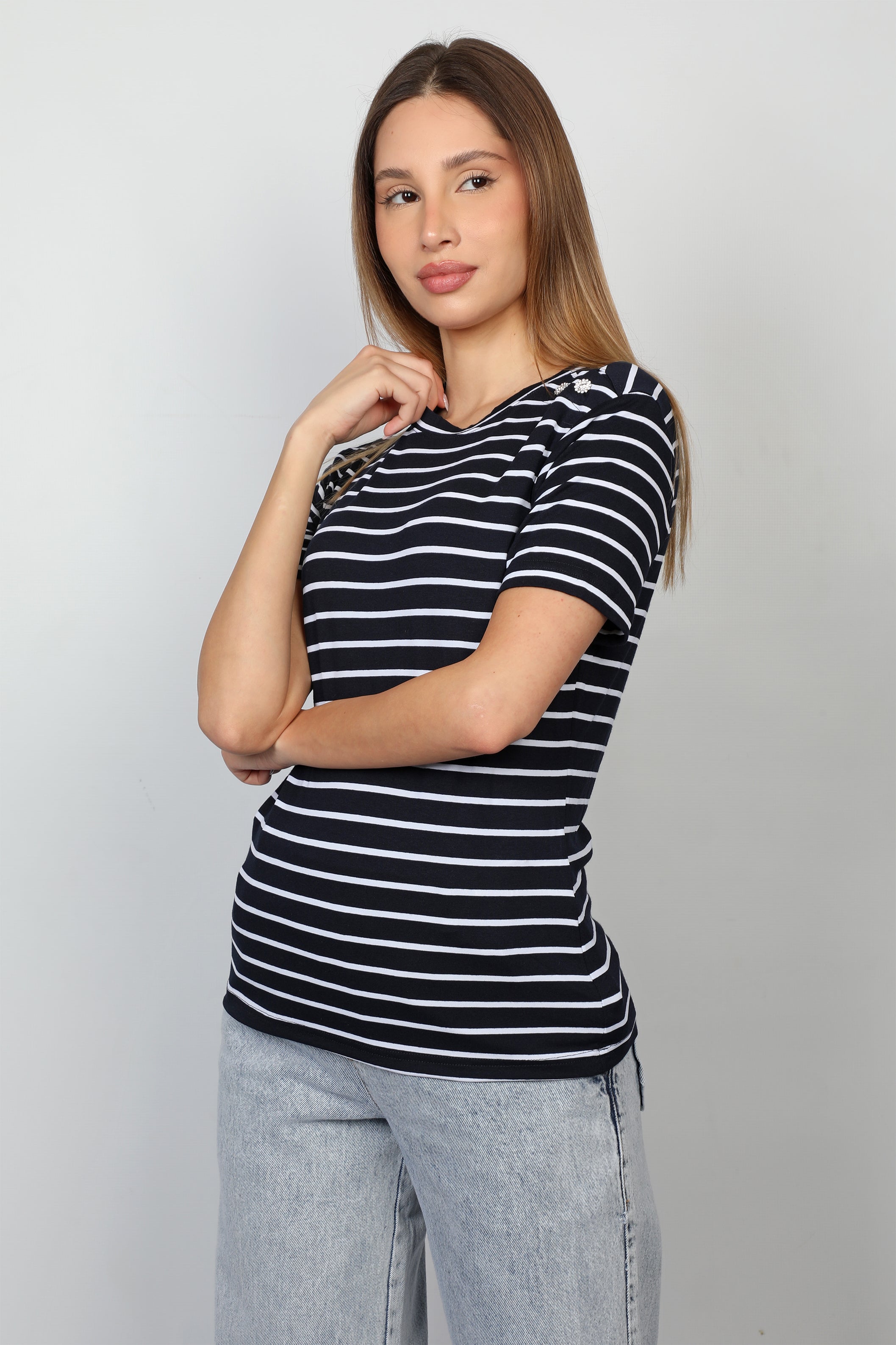 Women Navy Stripe Top With Shoulder Design