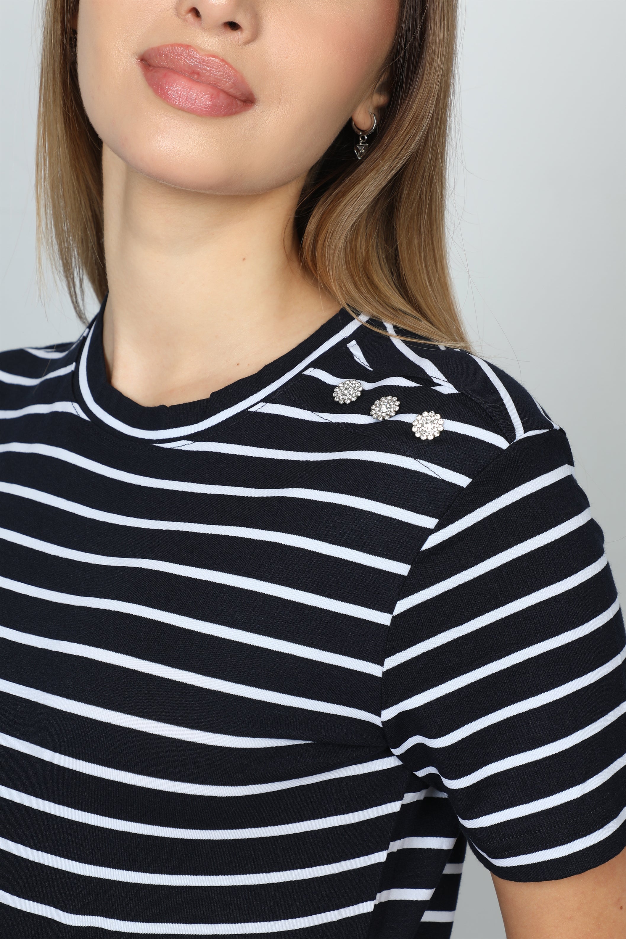 Women Navy Stripe Top With Shoulder Design