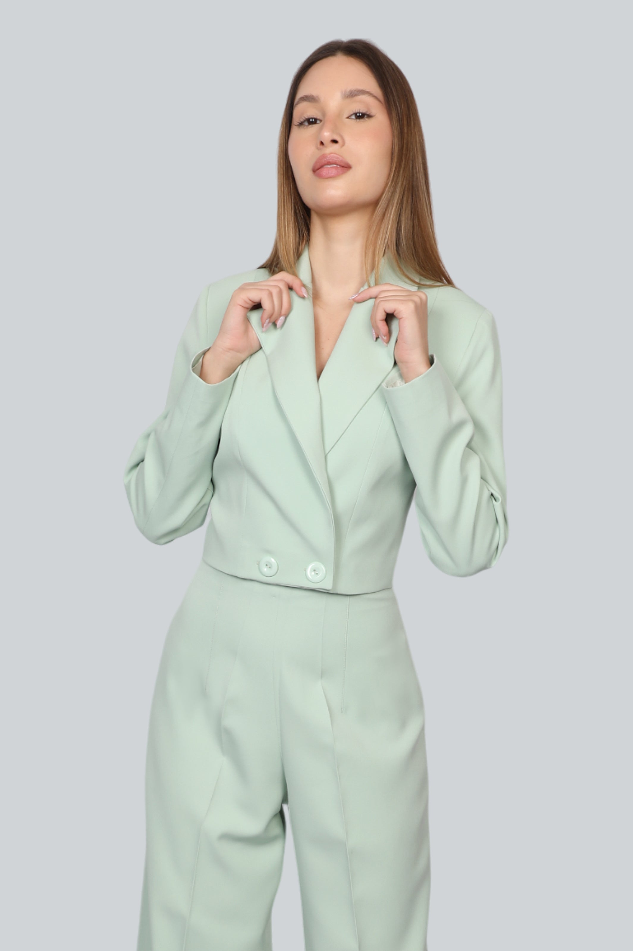 Women Crop Buttoned Mint Blazer