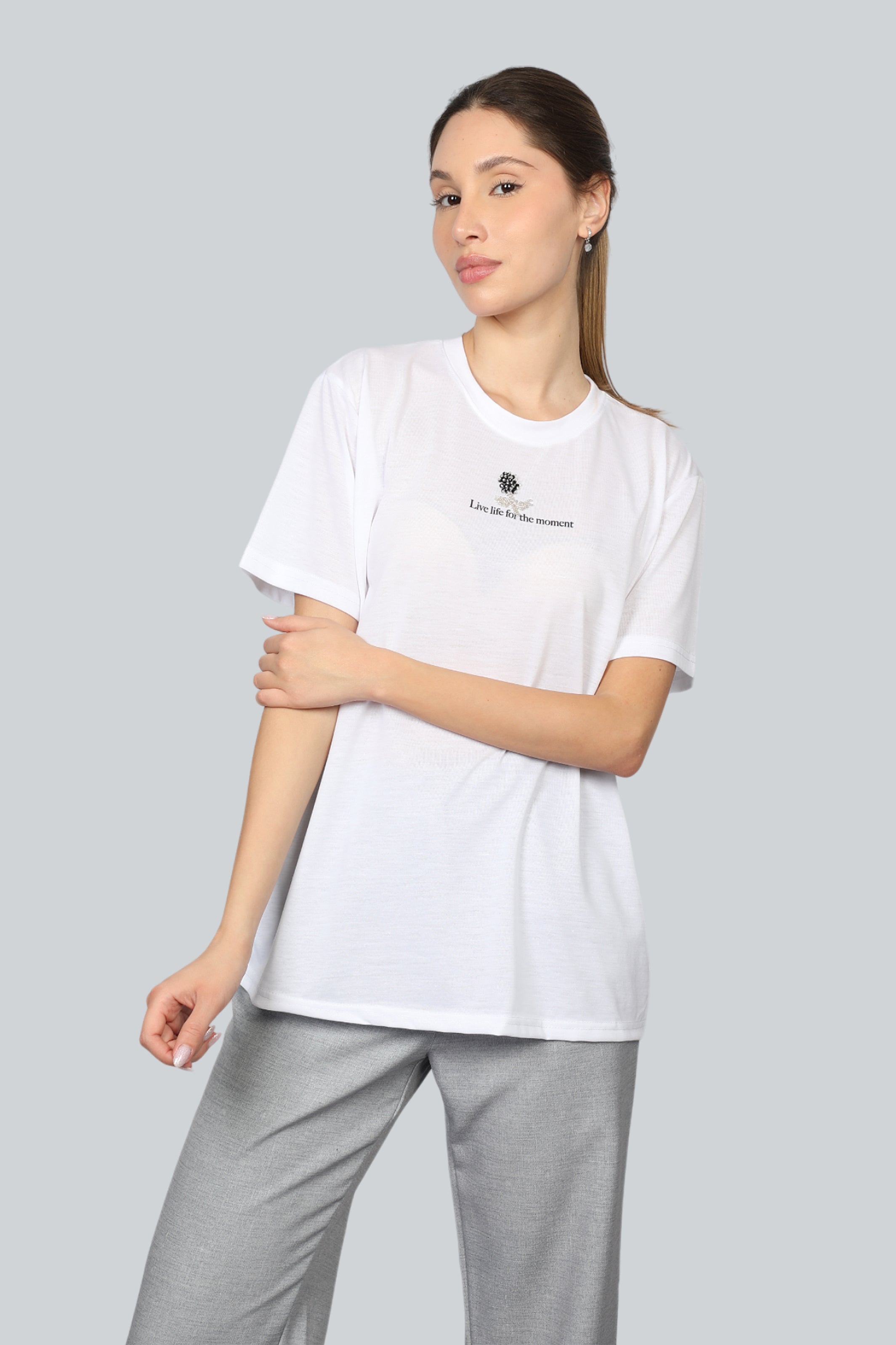 Women White Top With "Live Life For The Moment' Design