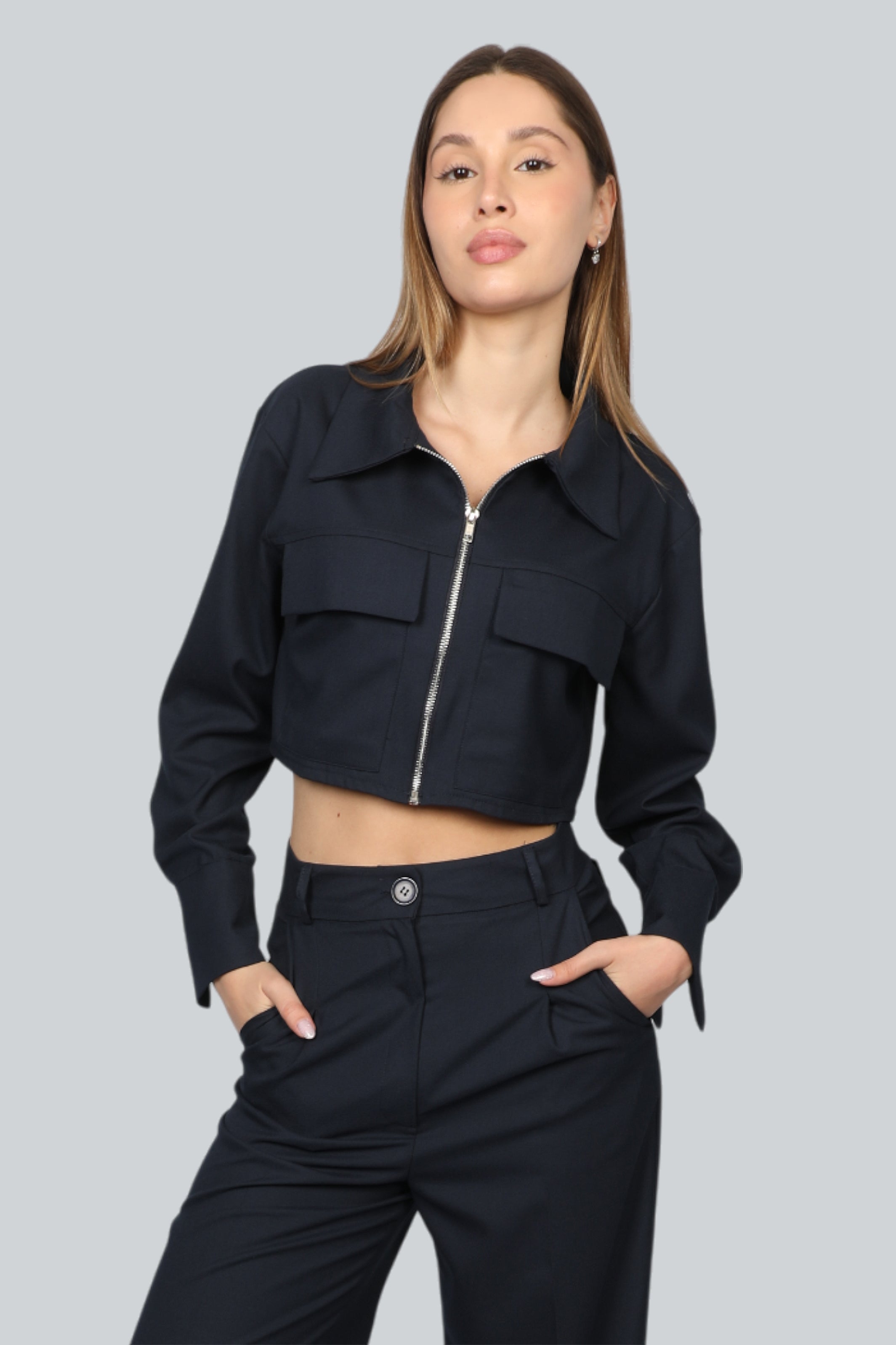 Long Sleeves Crop Navy Jacket With Chest Pockets