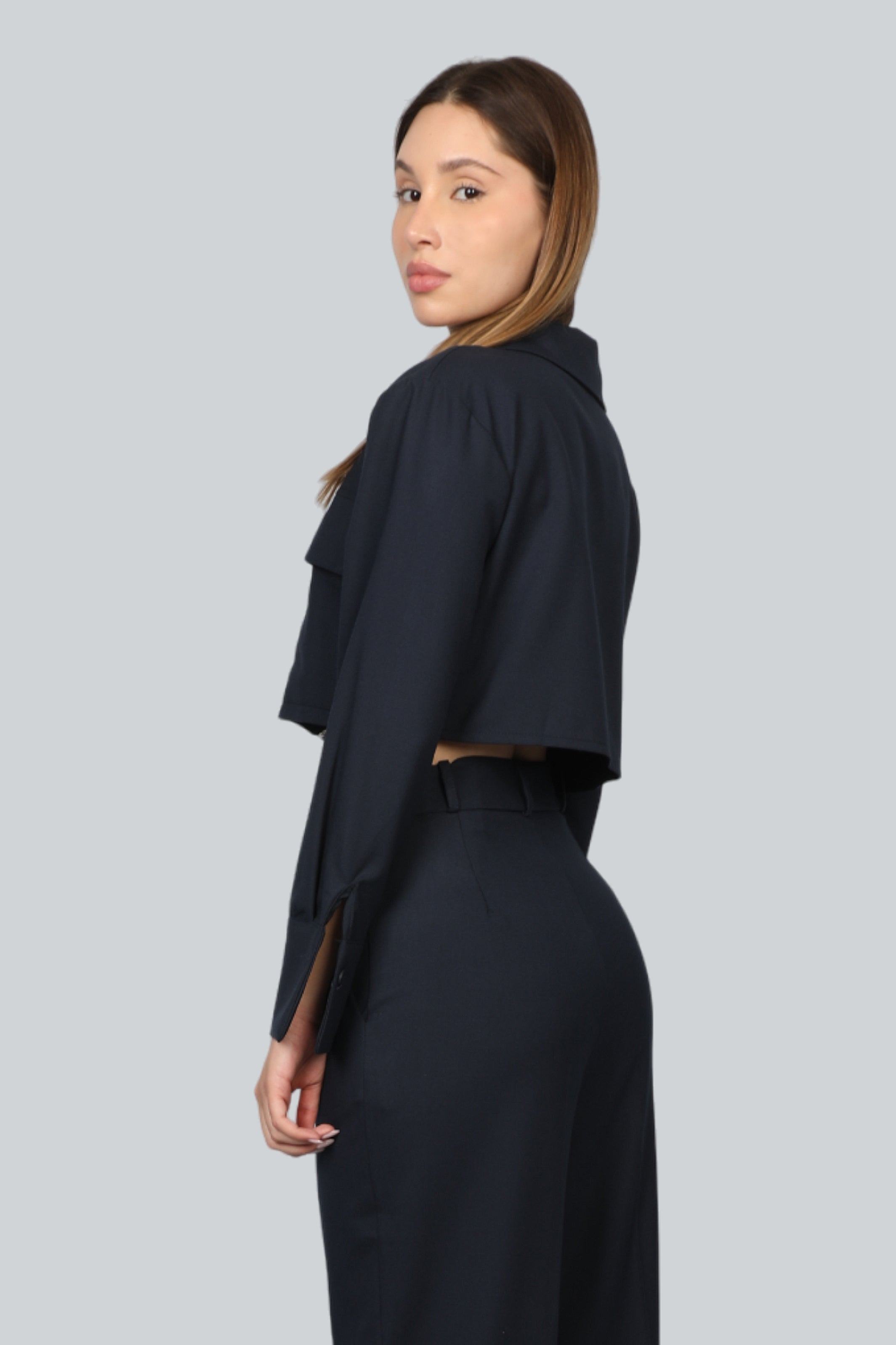 Long Sleeves Crop Navy Jacket With Chest Pockets