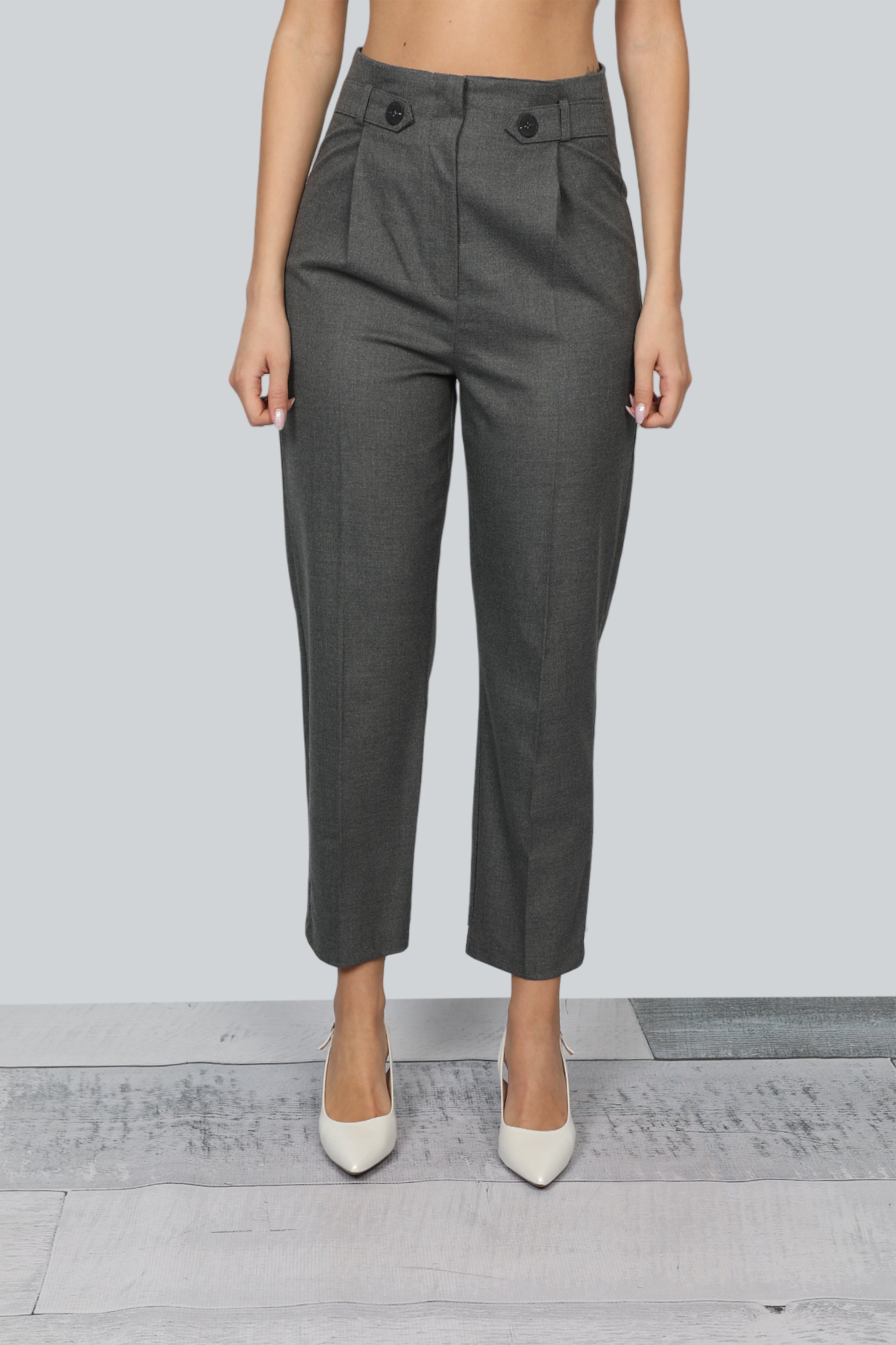 Dark Grey Women Pants Regular Fit With Button Belt Design
