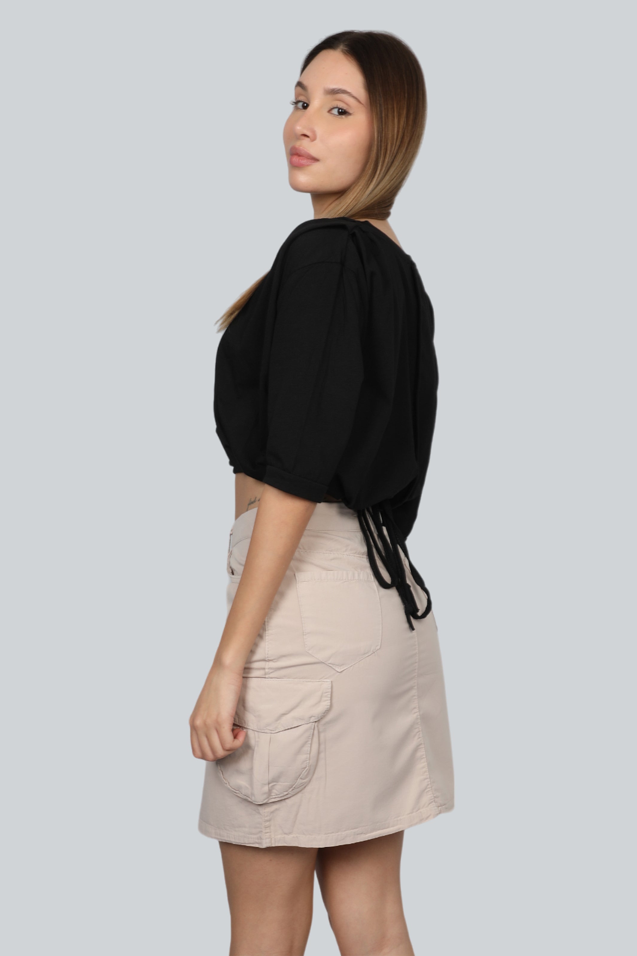 Crop Black T-shirt Short Sleeves With Tie In Back