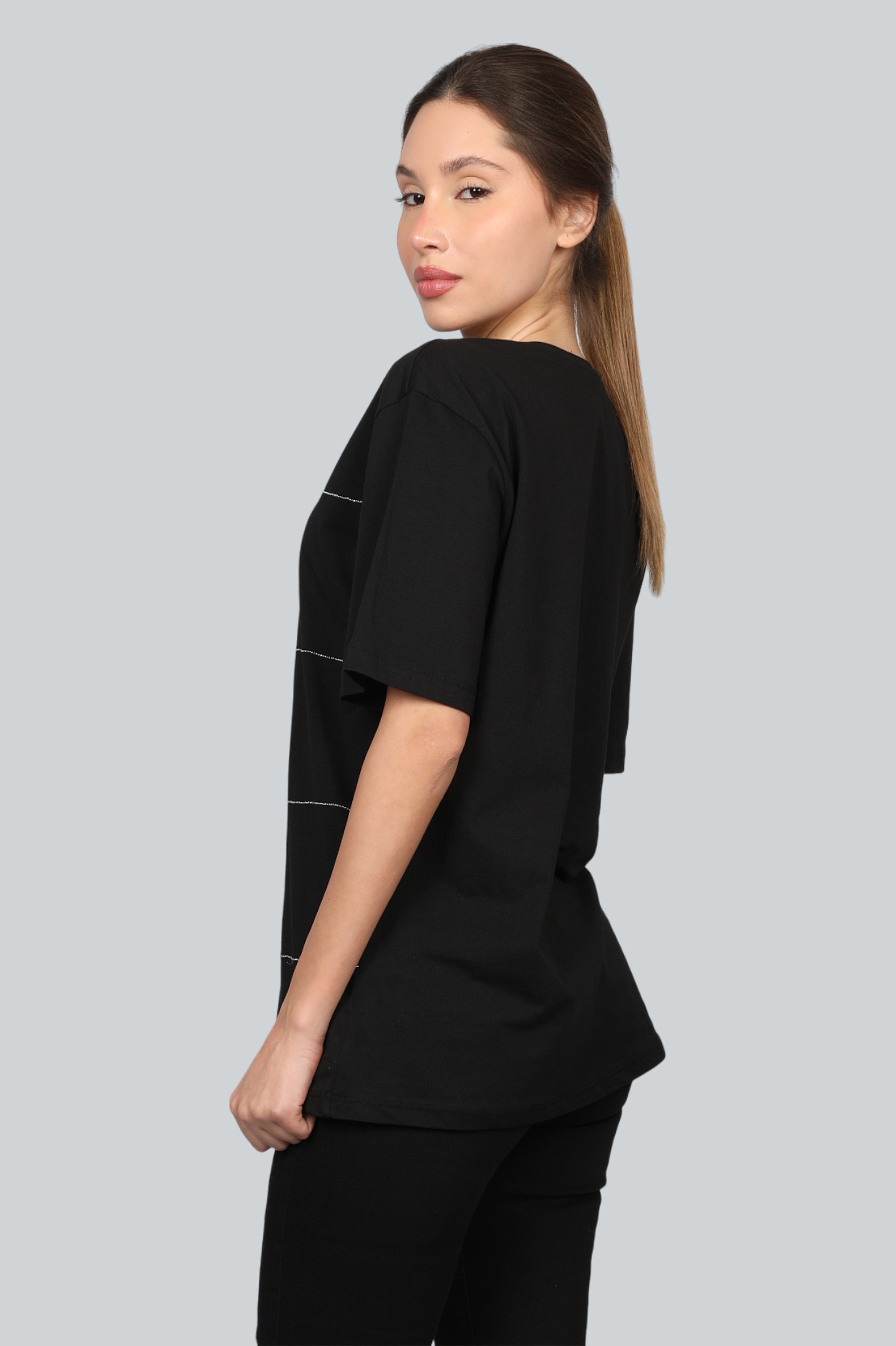 Black Short Sleeves T-Shirt With Large Stripe