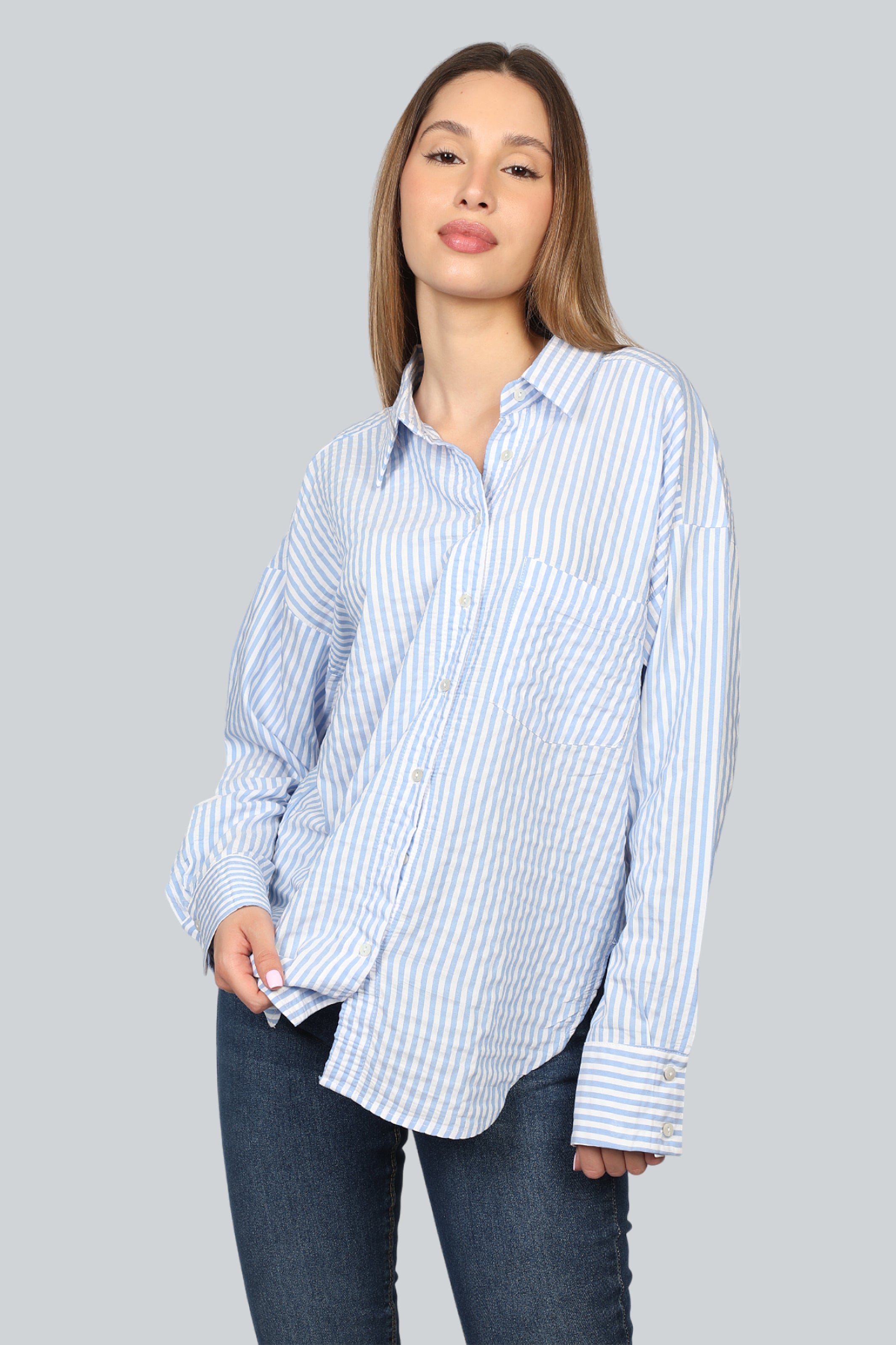 Long Sleeves Stripe Blue Linen Shirt