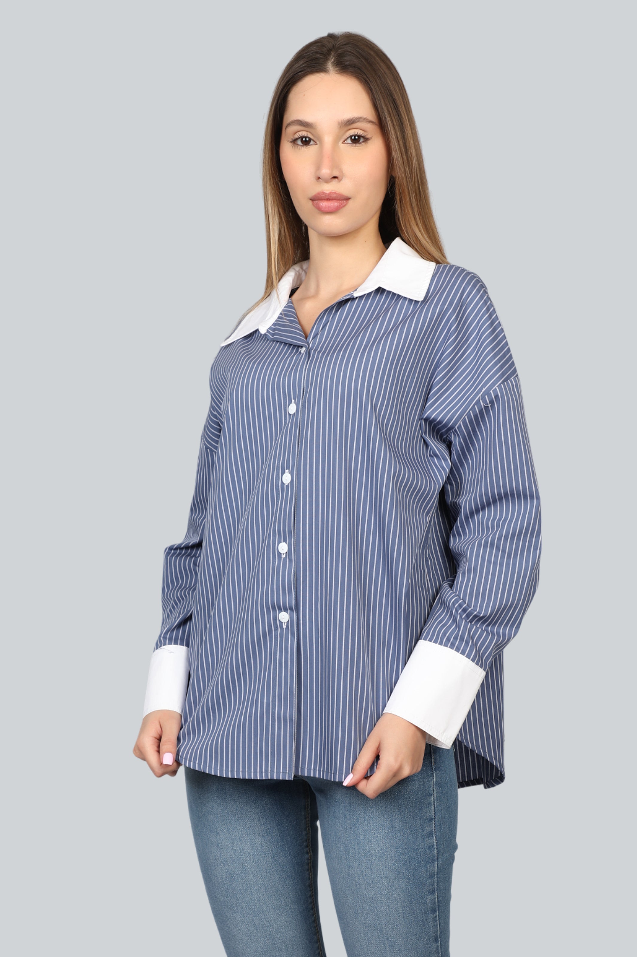 Dark Blue Oversize Stripe Shirt With With Collar
