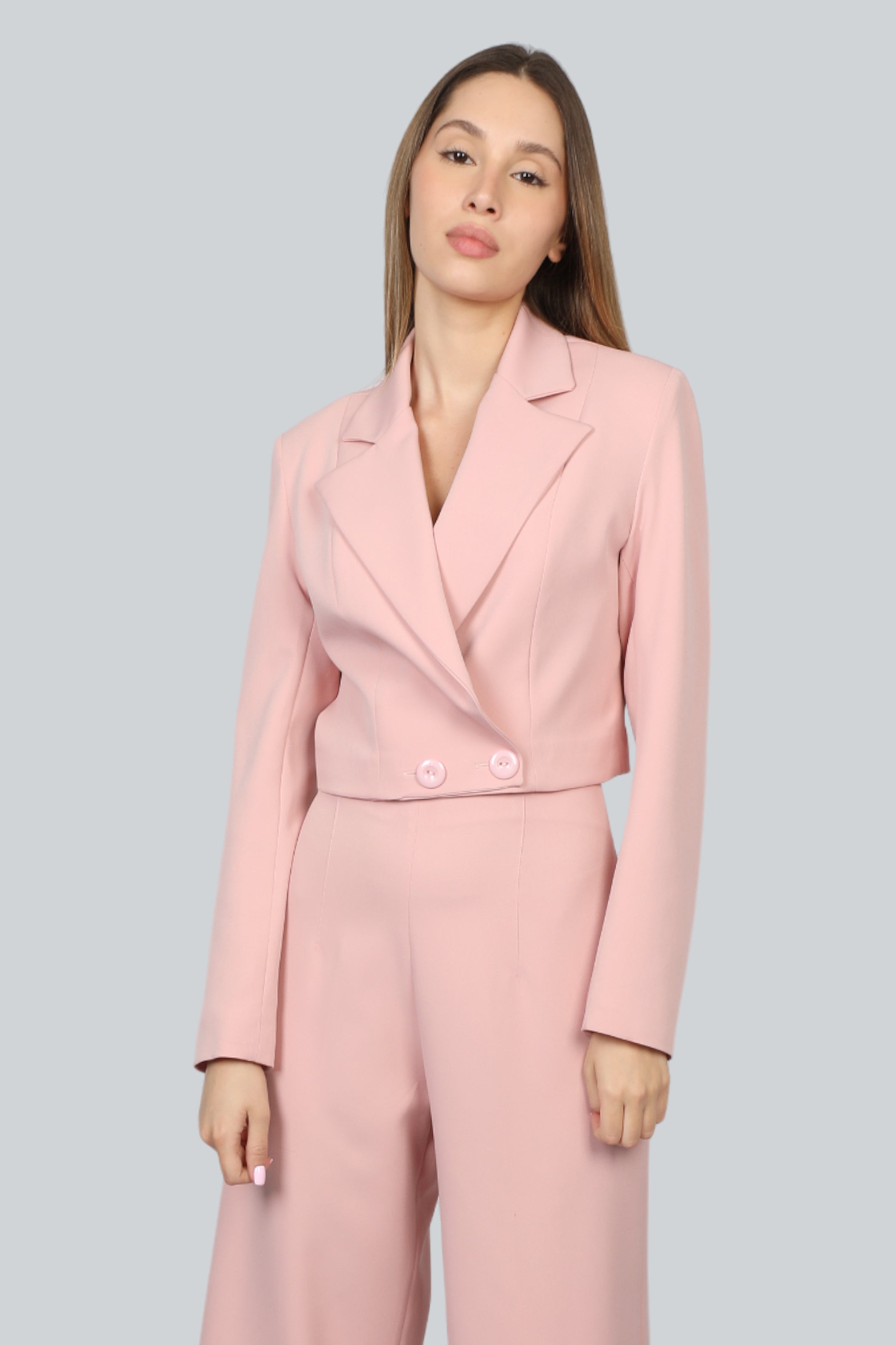 Women Crop Buttoned Pink Blazer