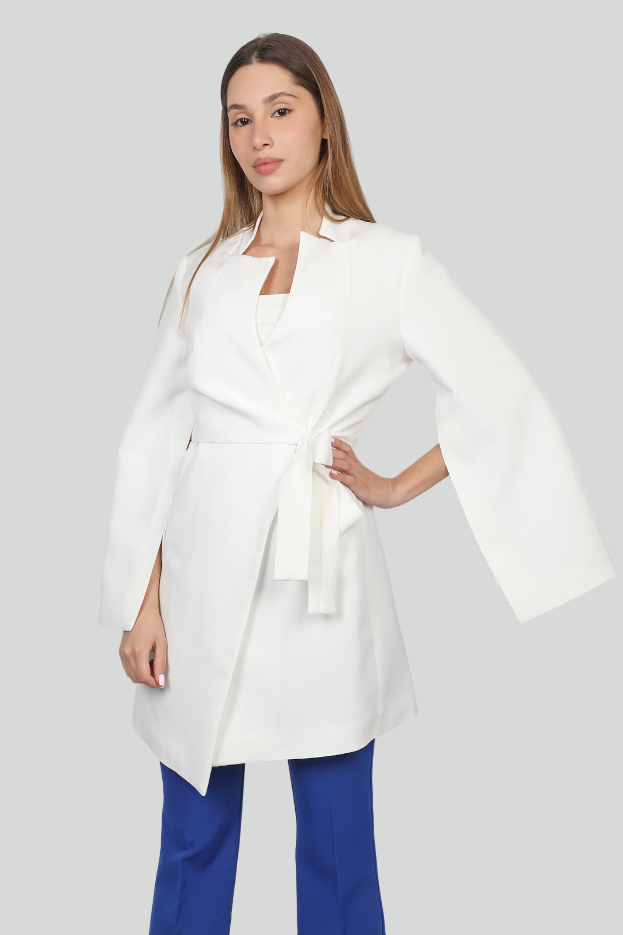 White Casual Cape Blazer Open Front Sleeves With Belt