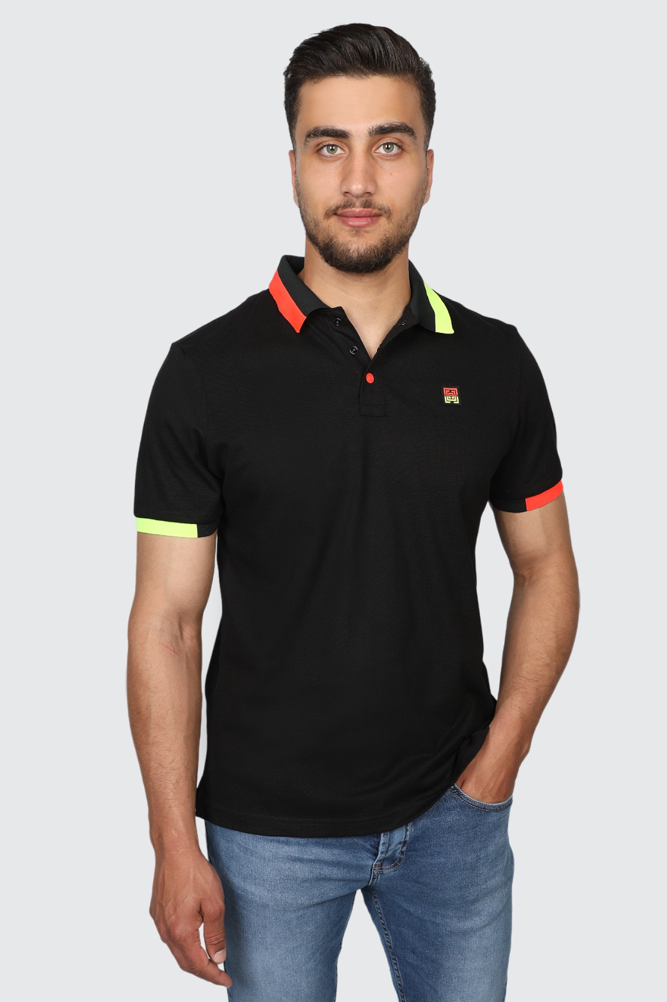 Black polo shirt yellow trim best sale