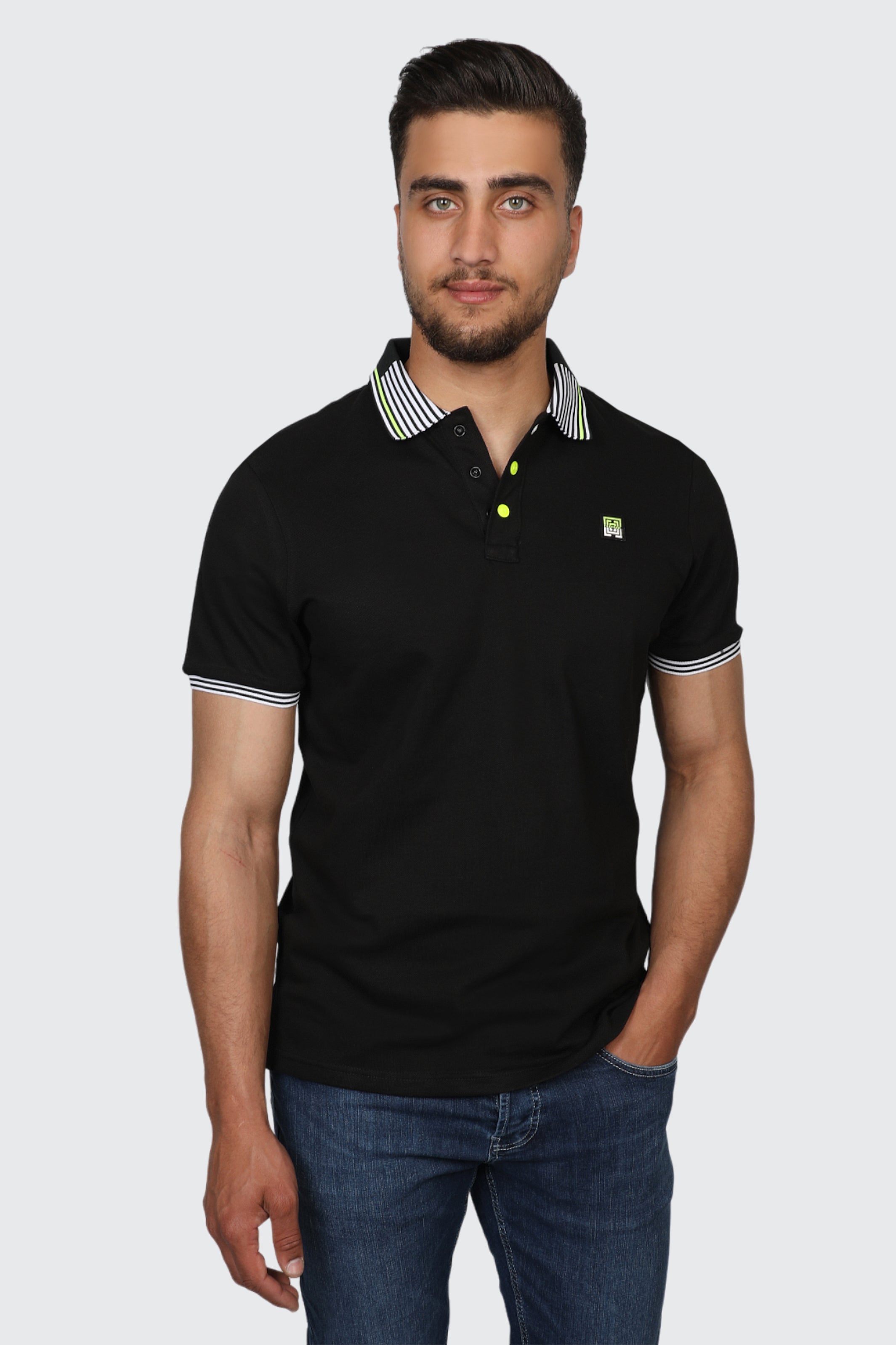 Black Polo With Strip Shoulder