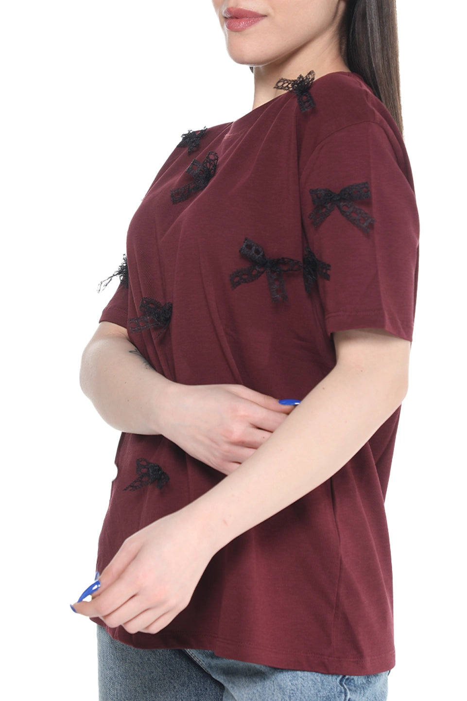 Short Sleeve Bordo T-shirt With Ribbon Design