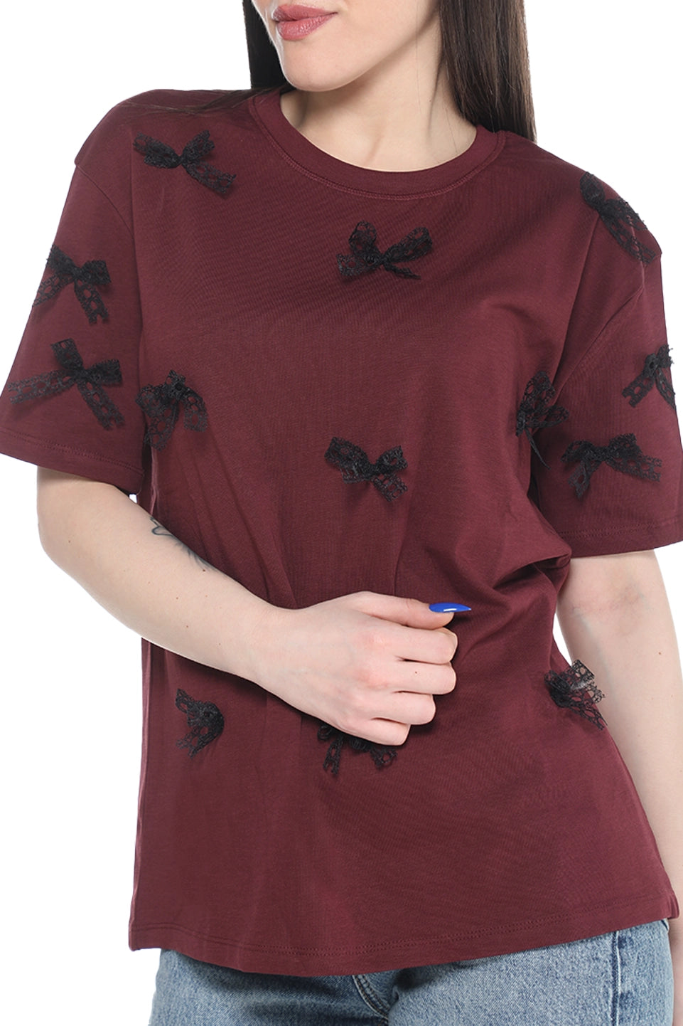 Short Sleeve Bordo T-shirt With Ribbon Design