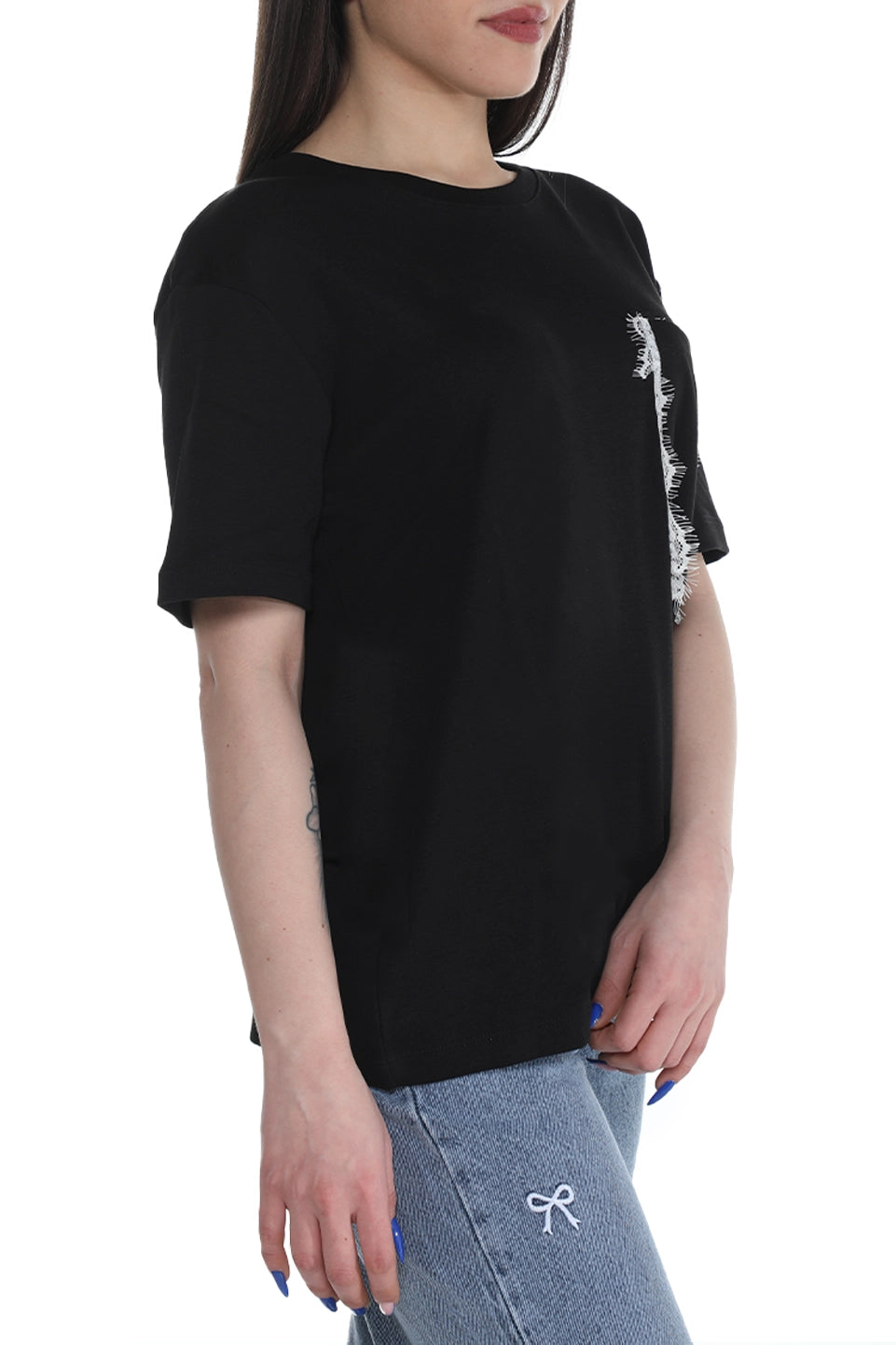 Black Short Sleeve Cotton T-shirt With Side Pocket Design