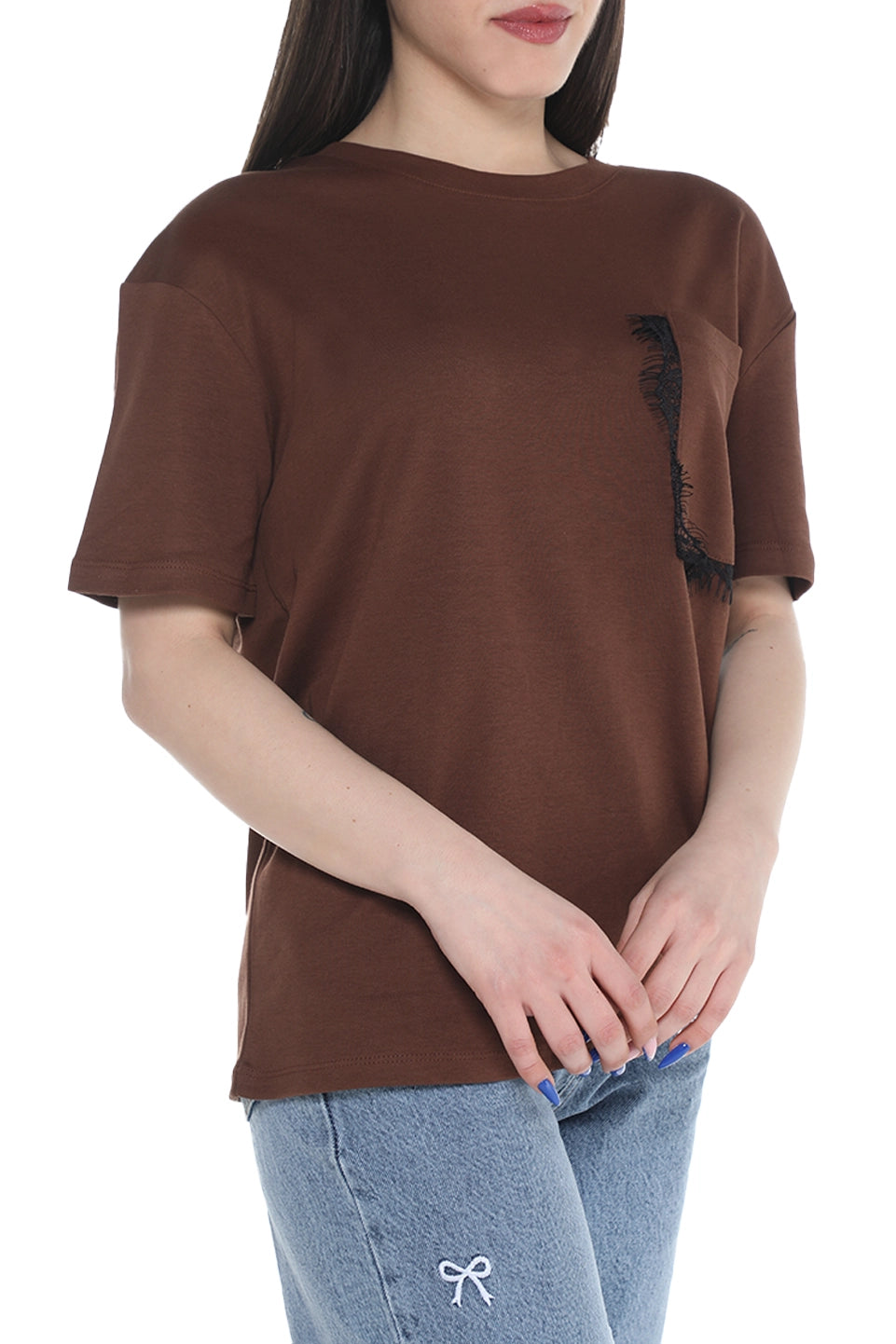 Brown Short Sleeve Cotton T-shirt With Side Pocket Design
