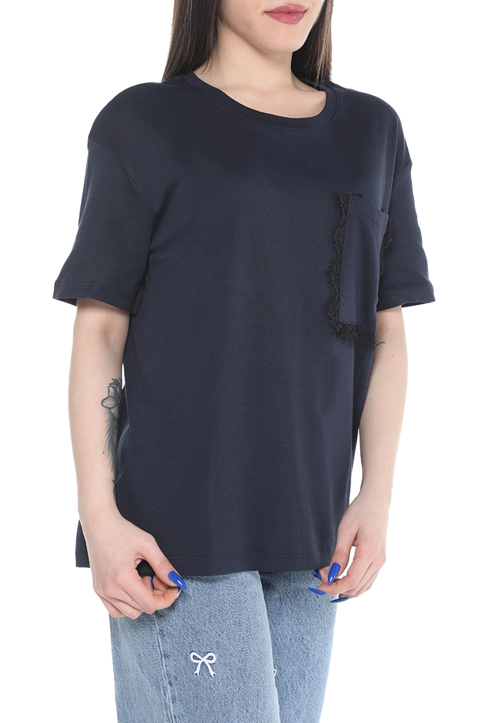 Navy Short Sleeve Cotton T-shirt With Side Pocket Design