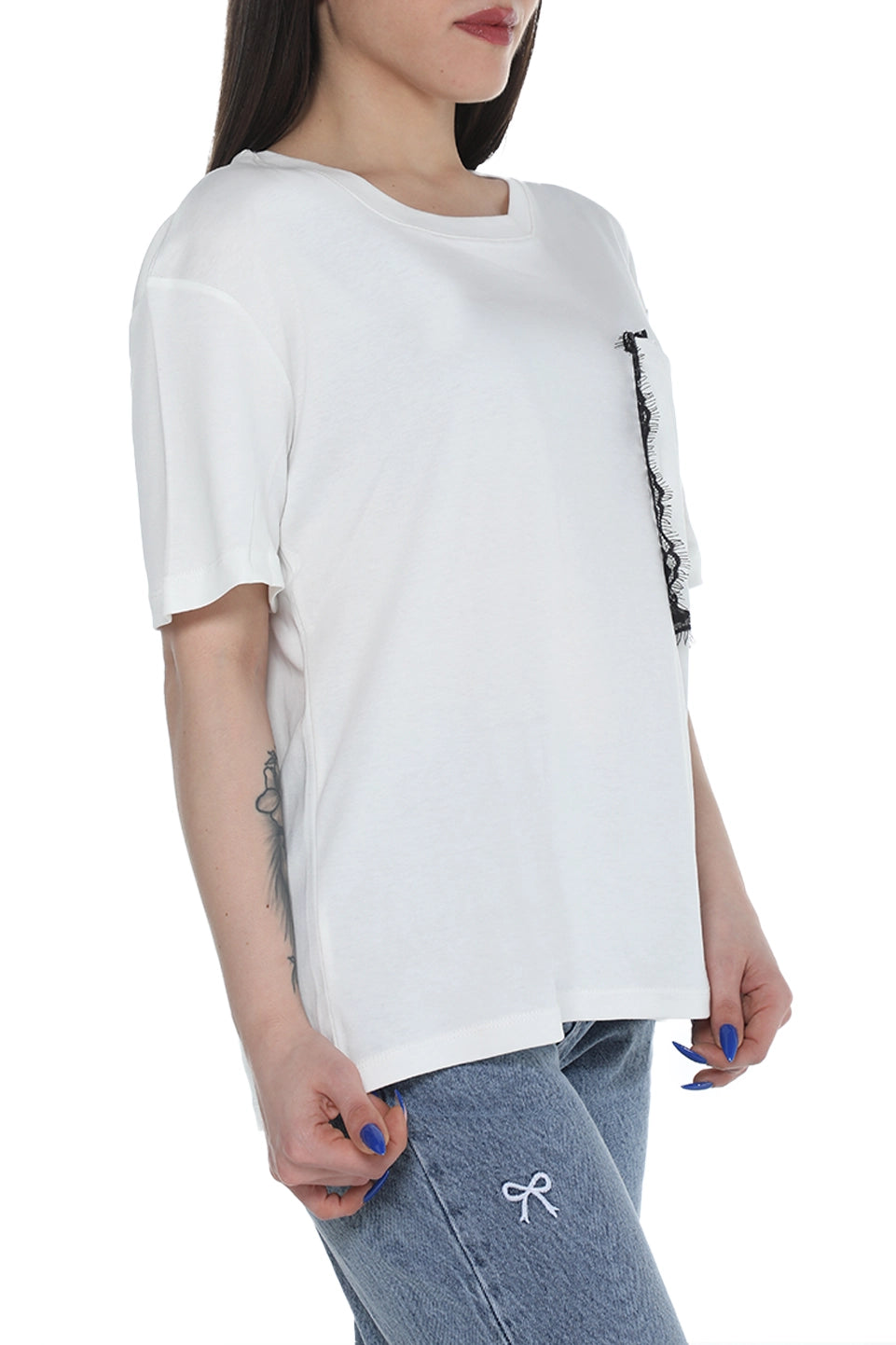 White Short Sleeve Cotton T-shirt With Side Pocket Design