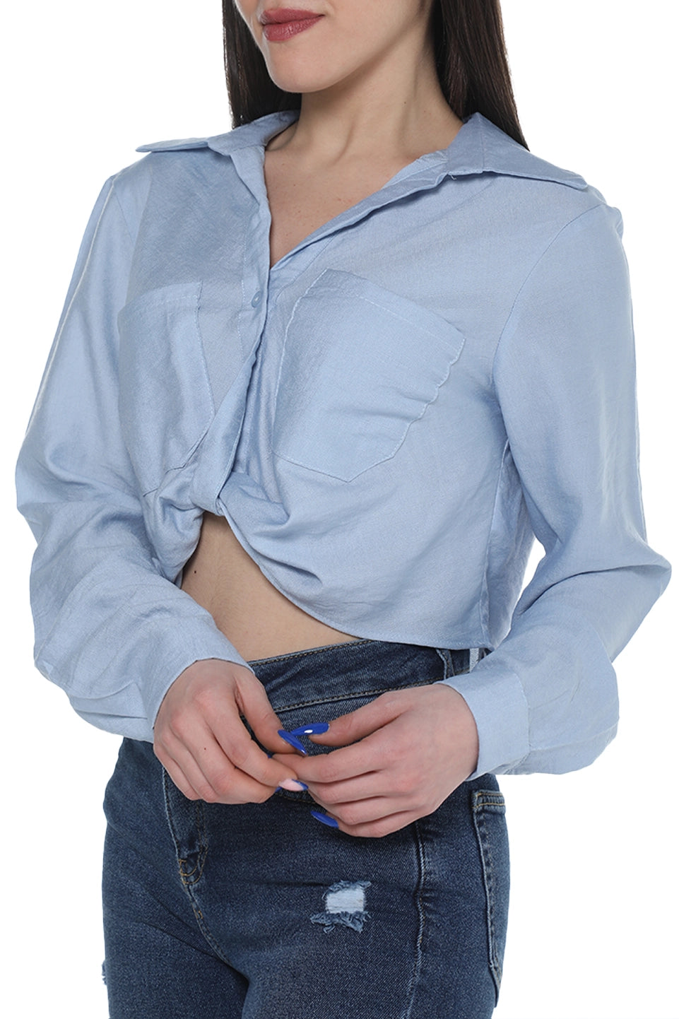 Blue Crop Long Sleeved Shirt