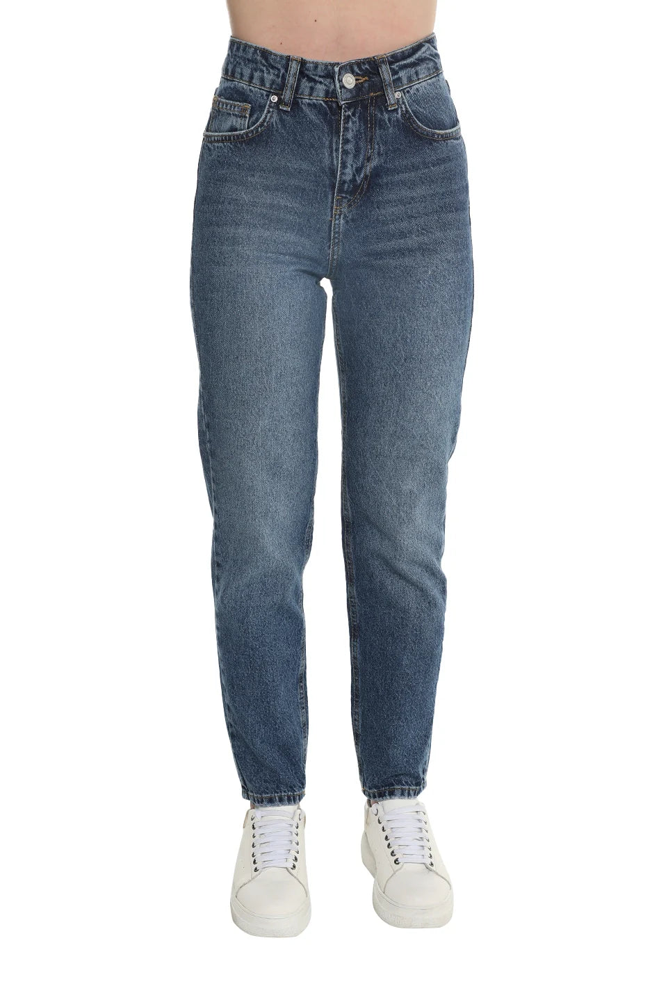 Dark Blue Mom Fit Jeans With Five Pockets Style