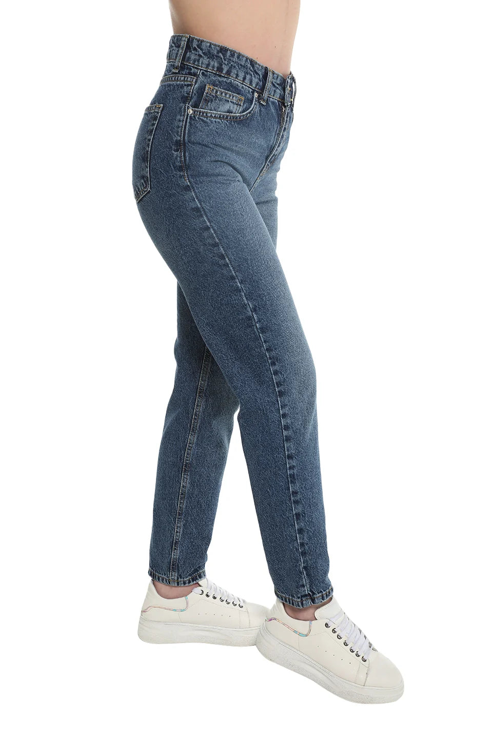 Dark Blue Mom Fit Jeans With Five Pockets Style
