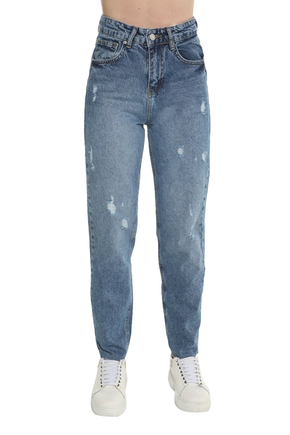 Mom Fit Dark Blue Jeans With Ripped Design