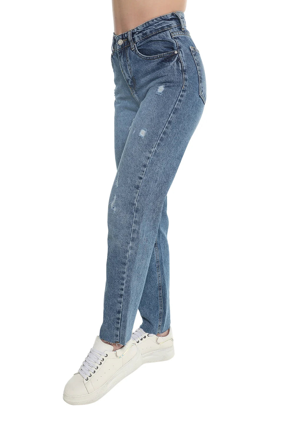Mom Fit Dark Blue Jeans With Ripped Design