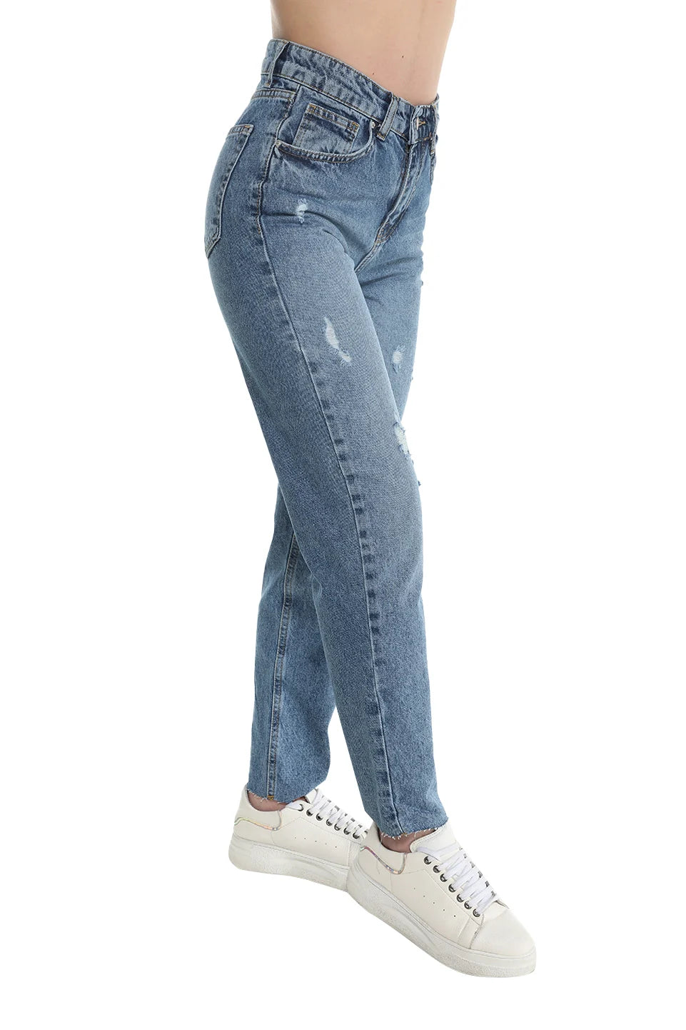 Mom Fit Dark Blue Jeans With Ripped Design