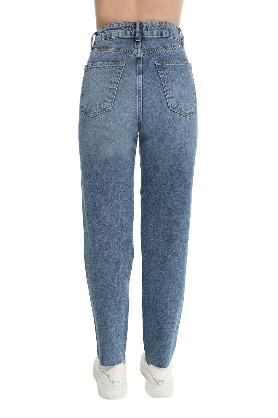 Mom Fit Dark Blue Jeans With Ripped Design
