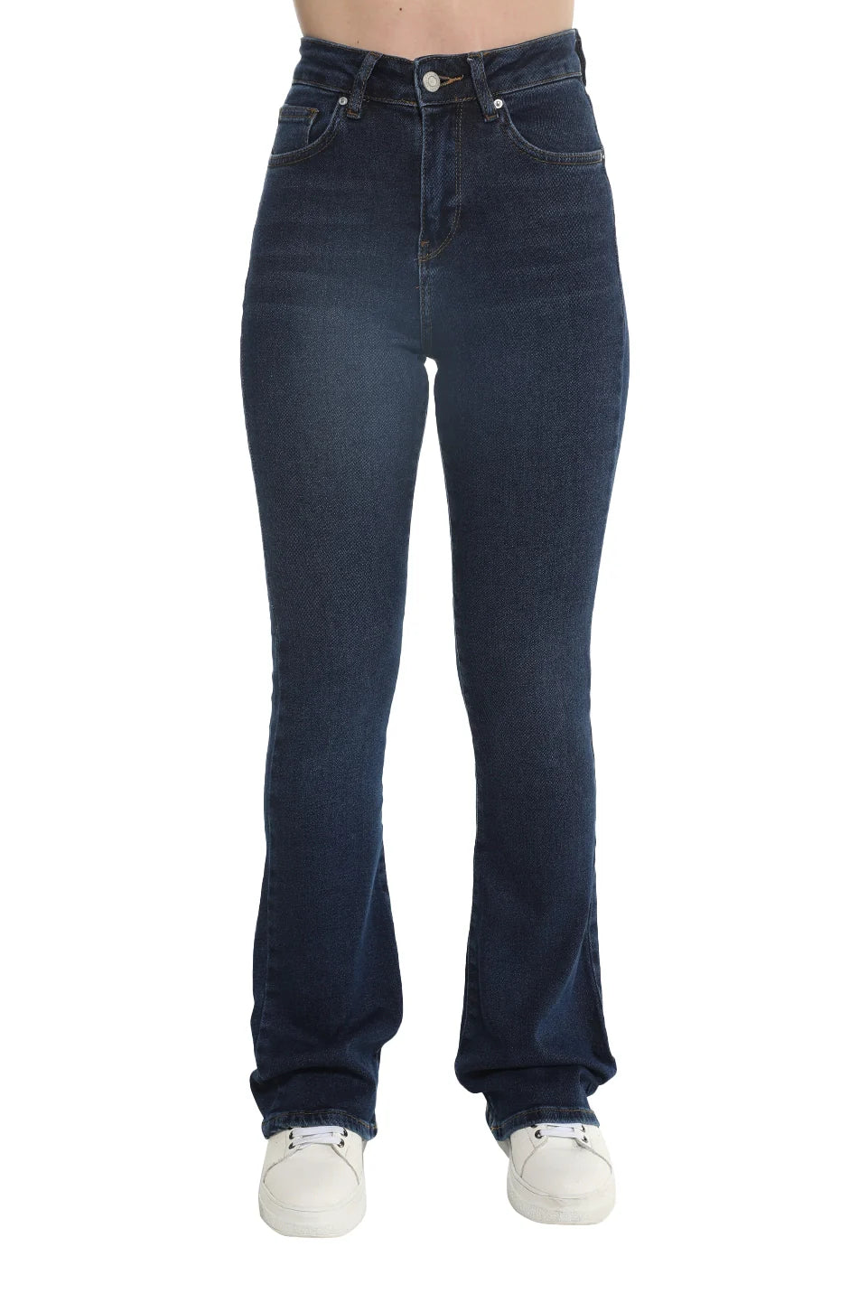 Navy Washed Flare Jeans With Zipper & Button To Close