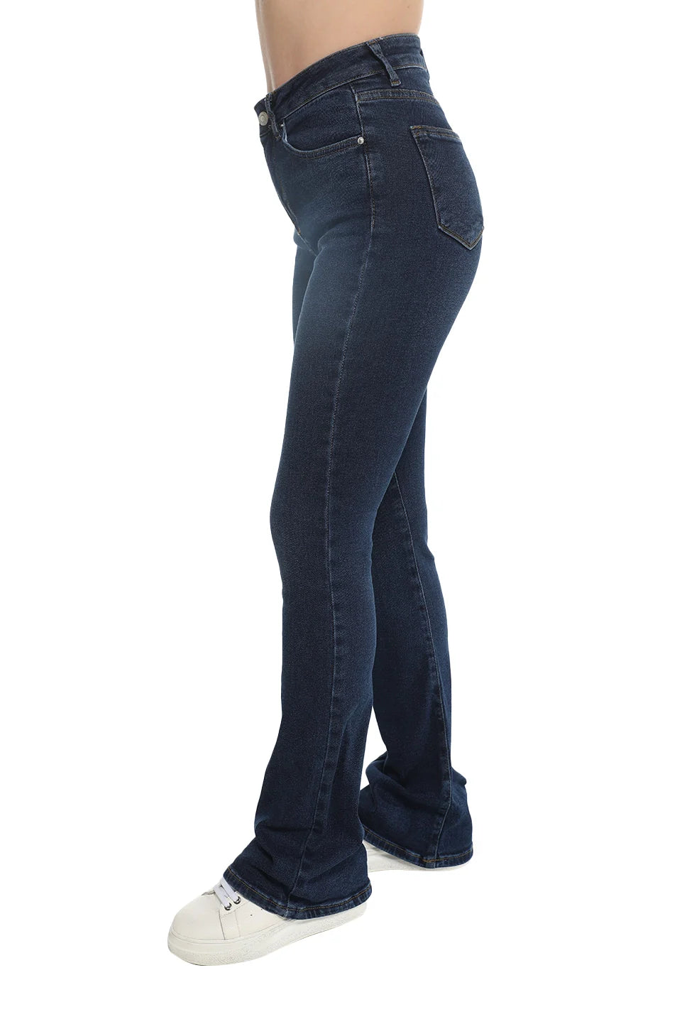 Navy Washed Flare Jeans With Zipper & Button To Close