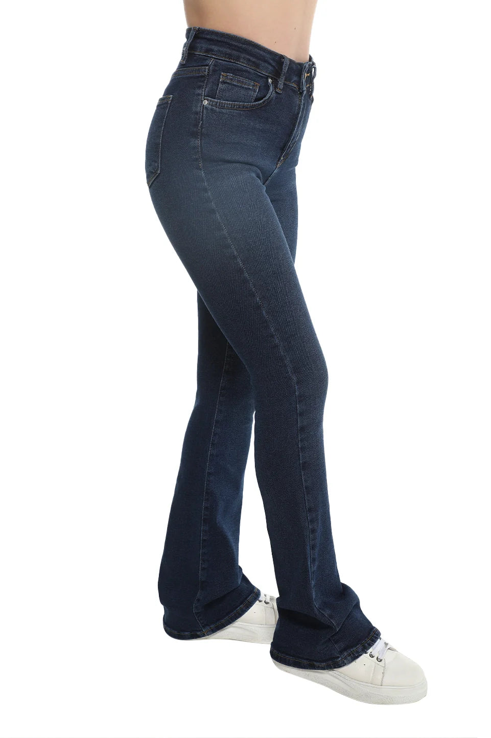 Navy Washed Flare Jeans With Zipper & Button To Close