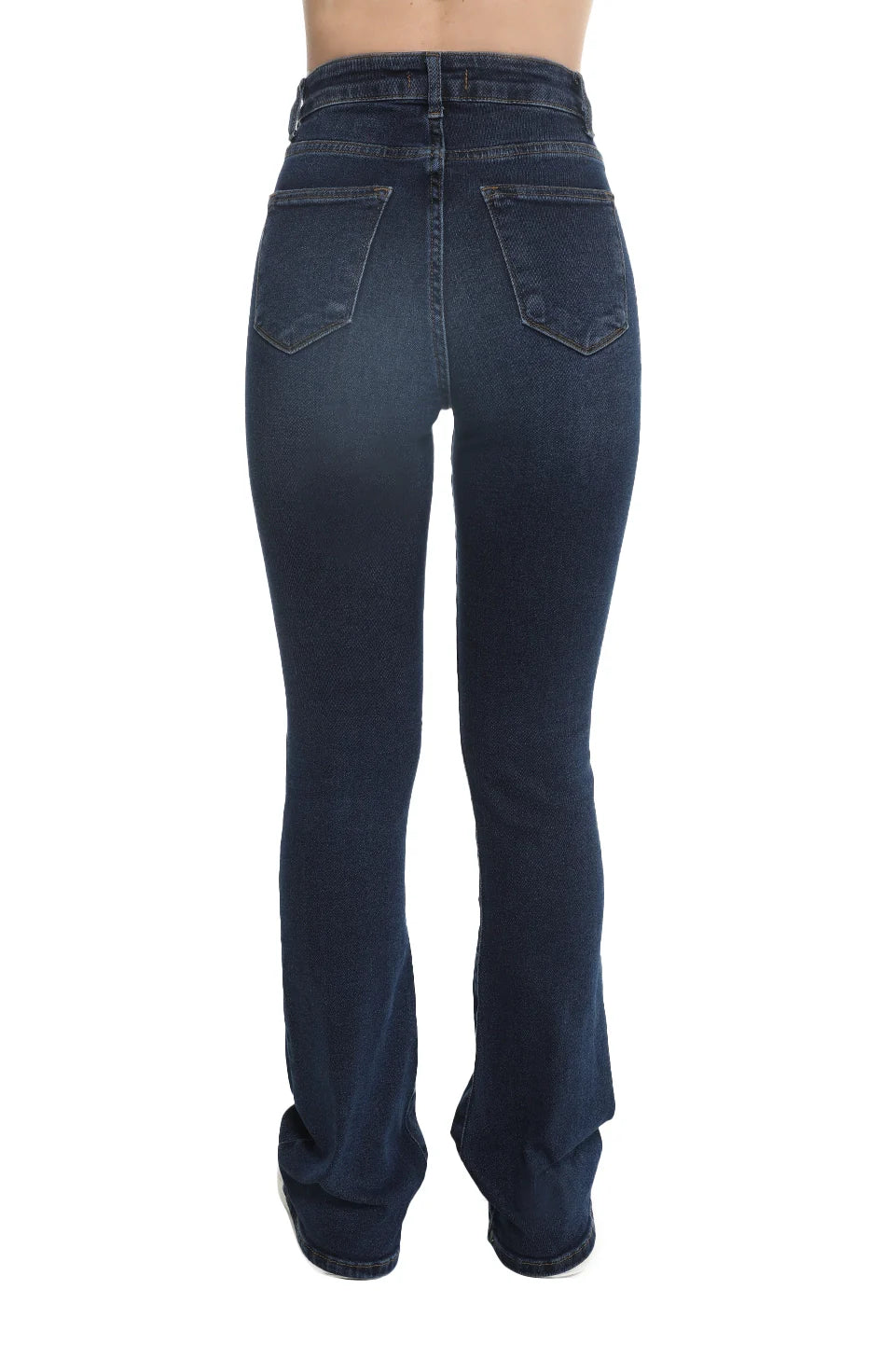 Navy Washed Flare Jeans With Zipper & Button To Close