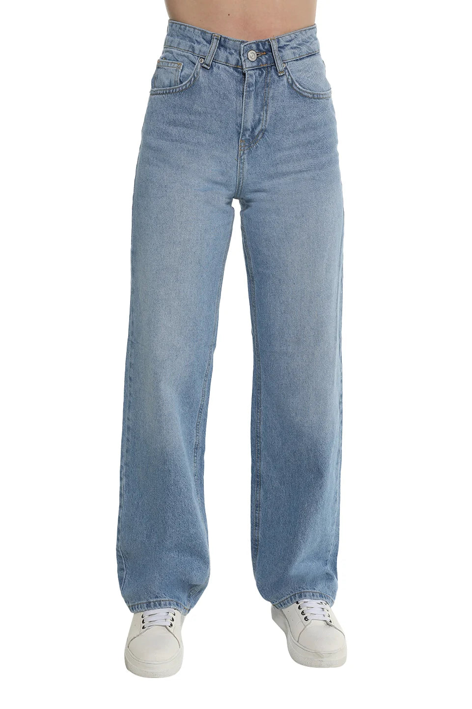 Wide Leg Light Blue Jeans With Button Design