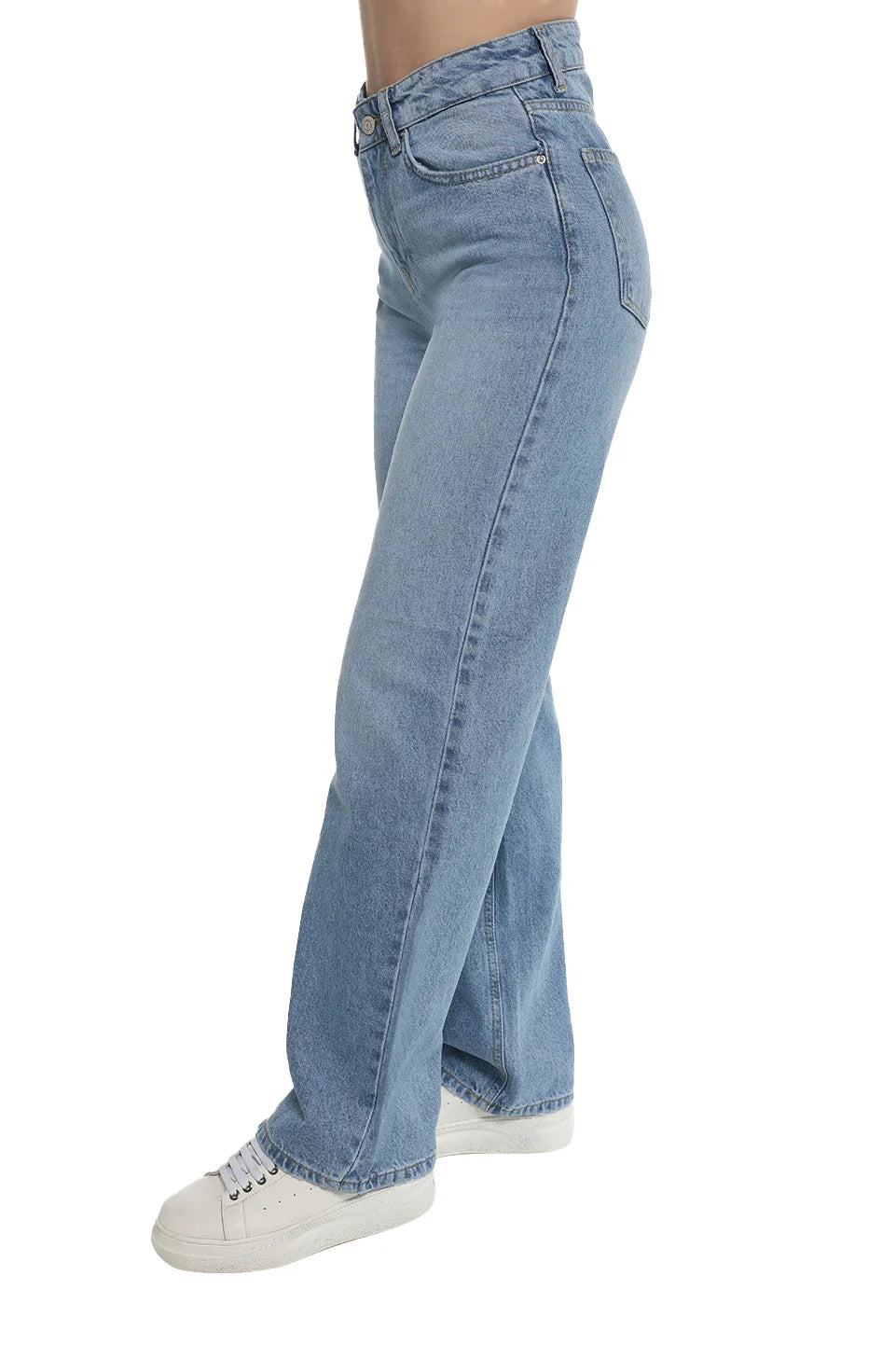 Wide Leg Light Blue Jeans With Button Design