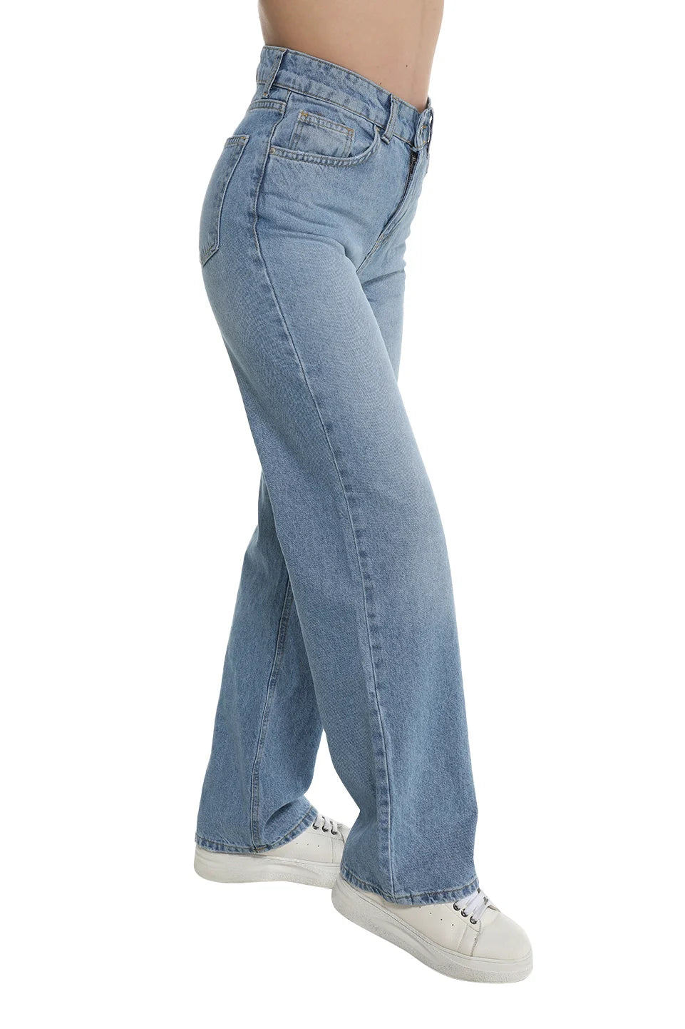 Wide Leg Light Blue Jeans With Button Design