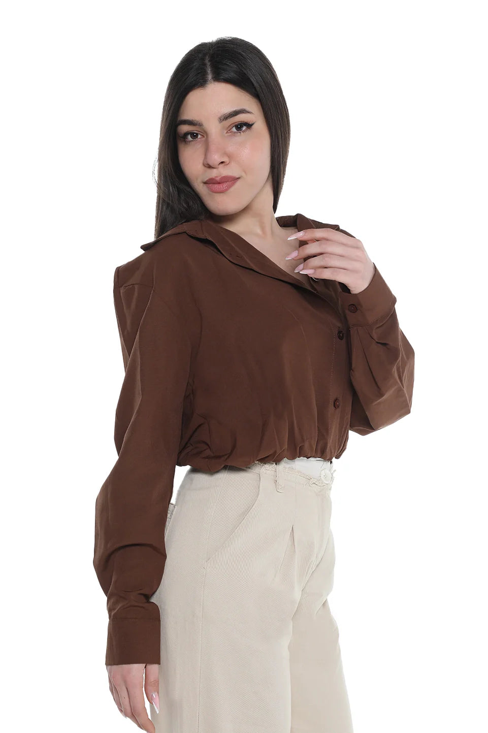 Long Sleeve Brown Crop Shirt