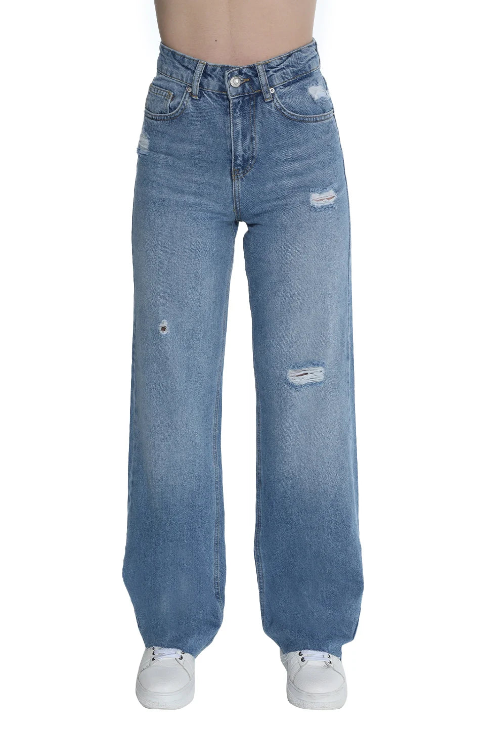 High Waist Ripped Blue Wide Jeans