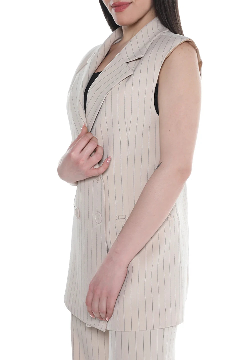Beige Striped Vest with Botton to Close