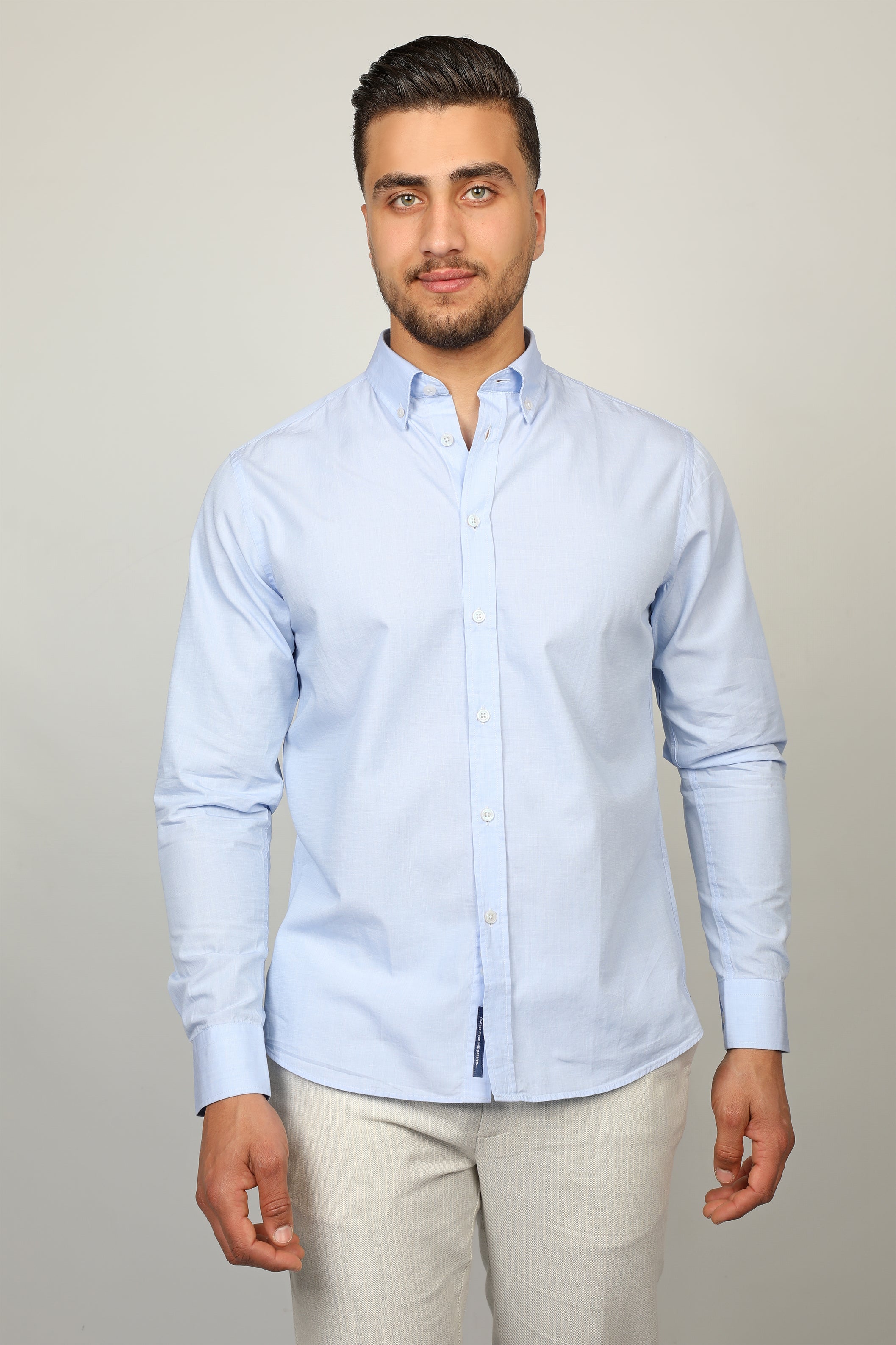 Casual Blue Shirt With White Buttons