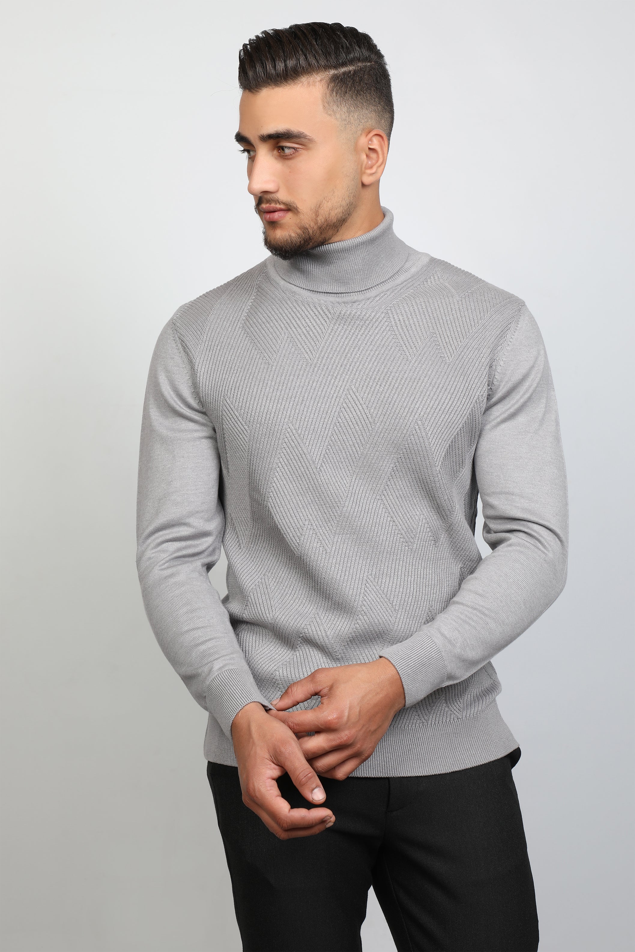 Men Classy Grey Turtle Neck Patterned Sweater