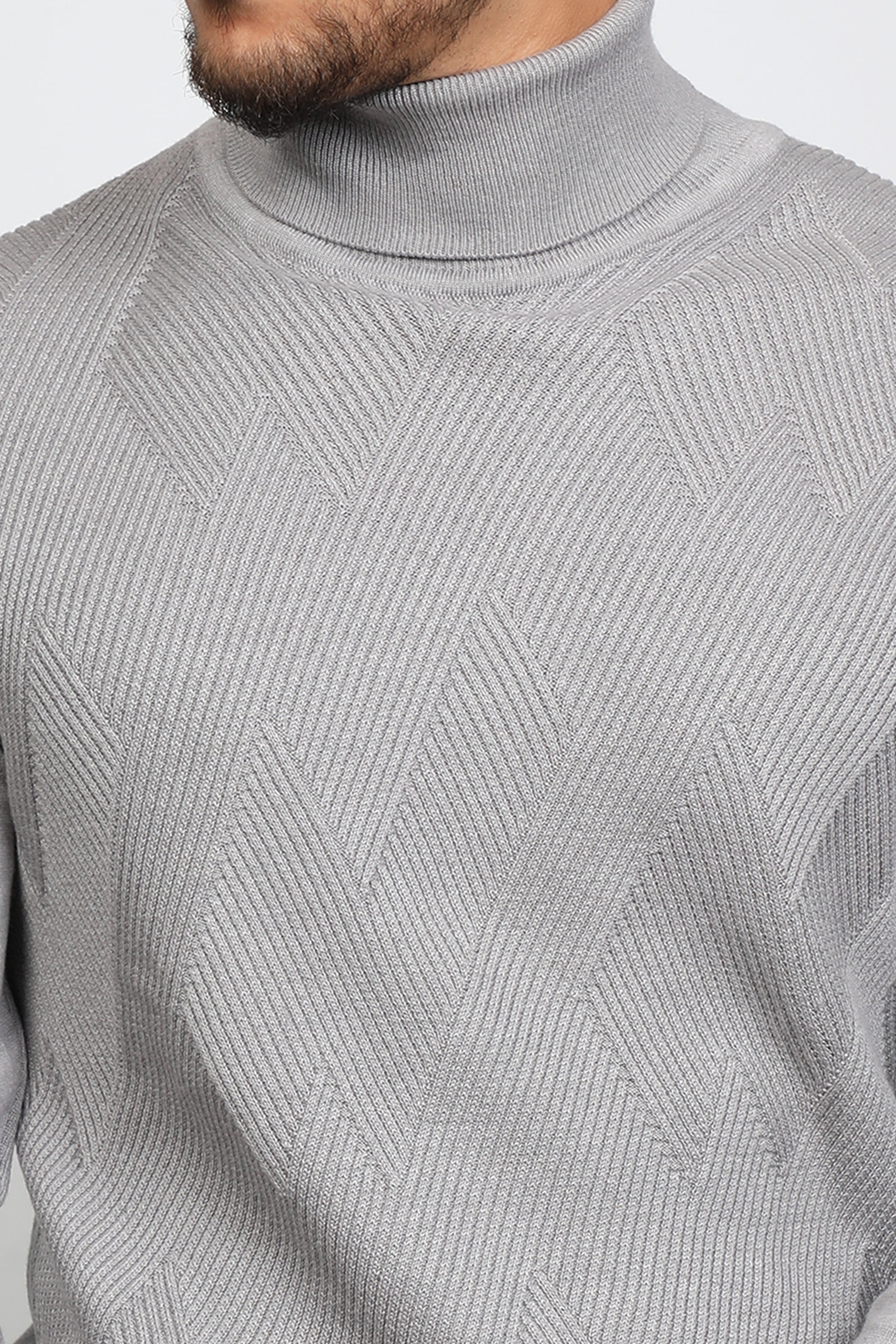 Men Classy Grey Turtle Neck Patterned Sweater