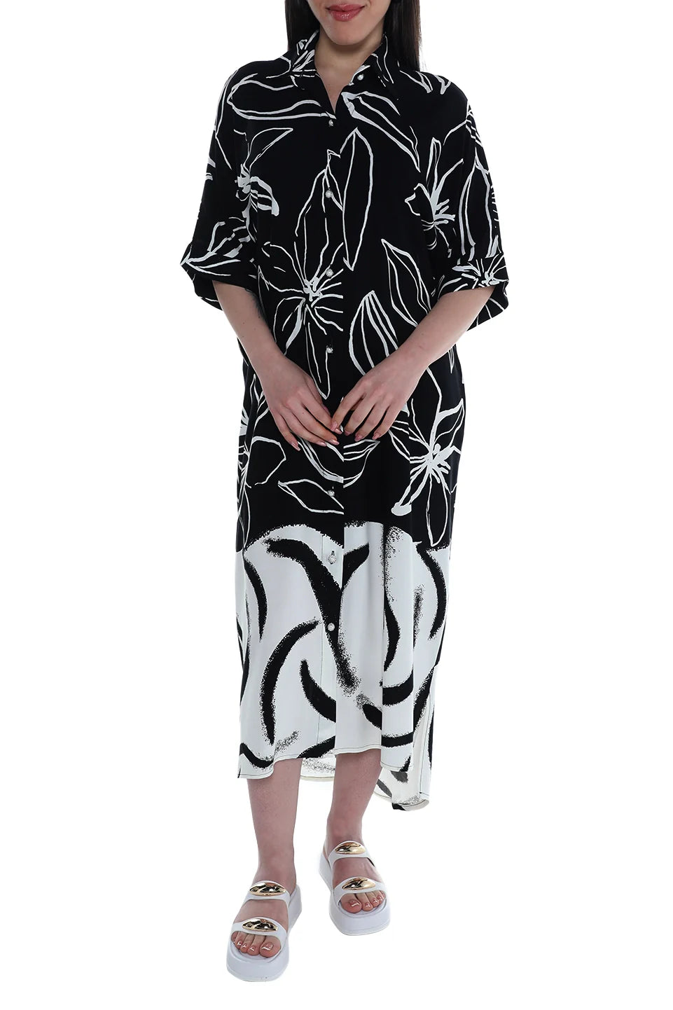 Printed Buttoned Long Black Dress