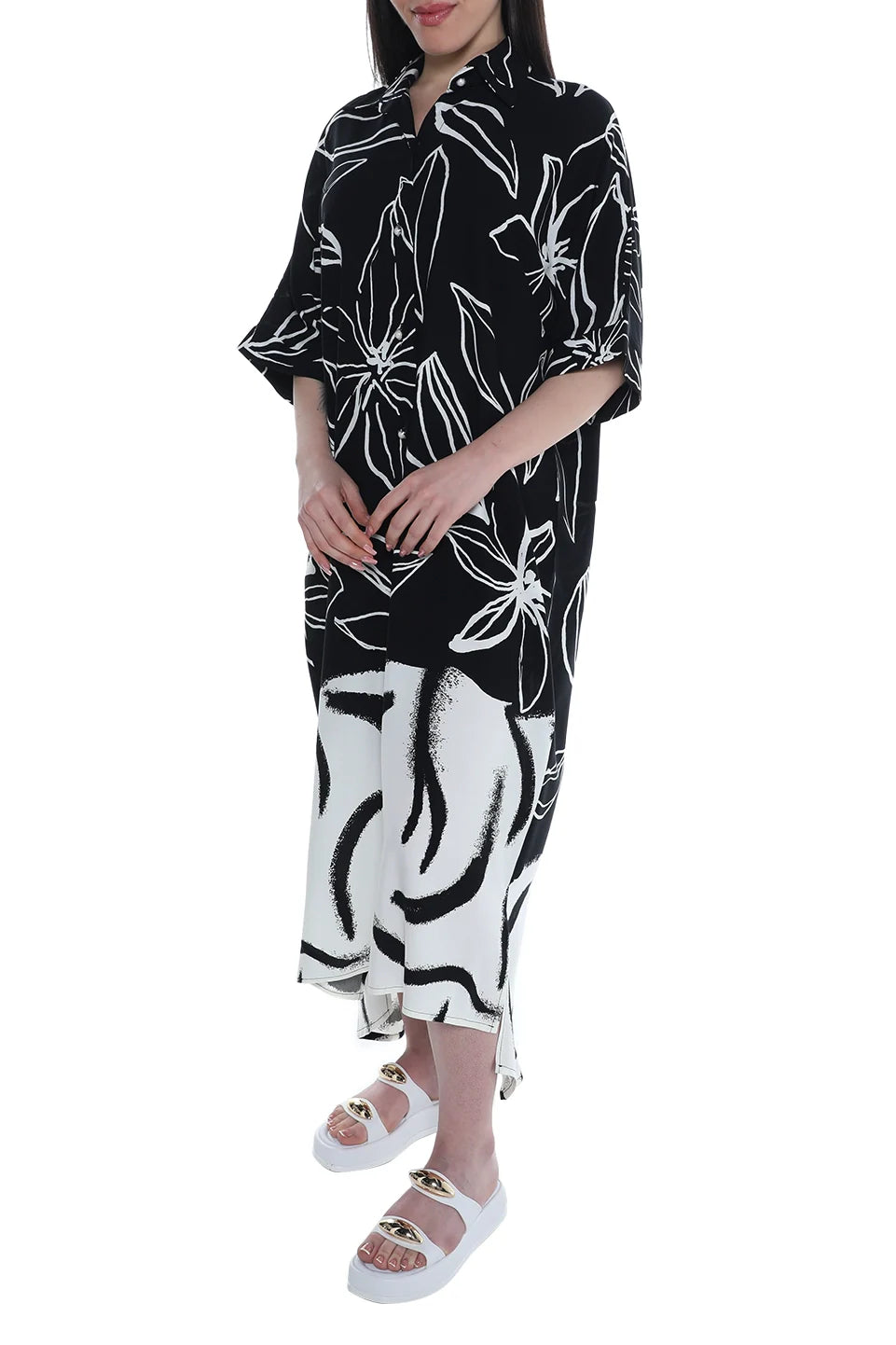 Printed Buttoned Long Black Dress