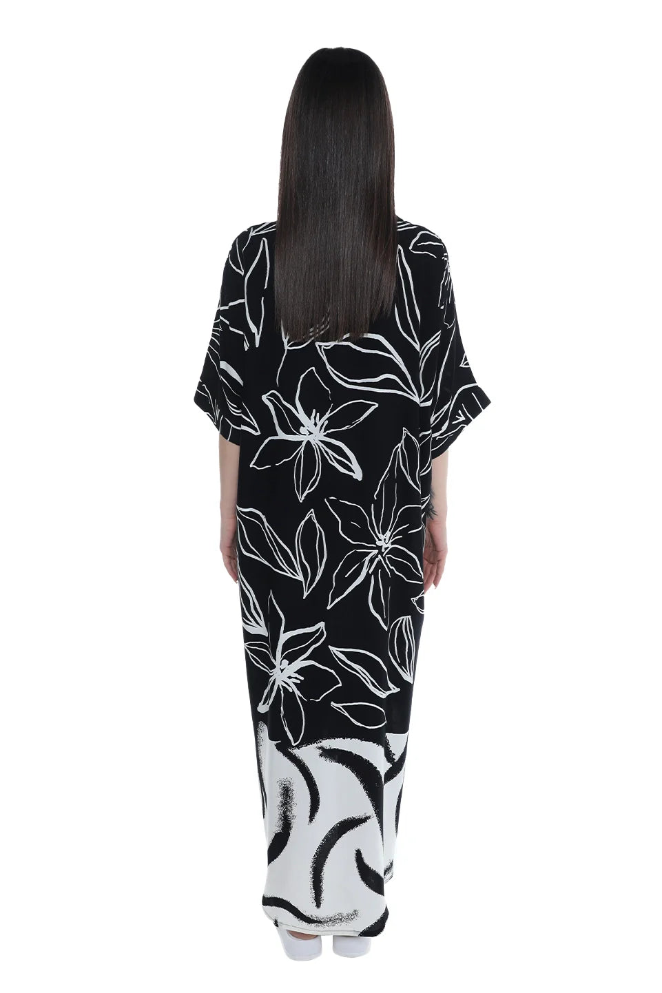 Printed Buttoned Long Black Dress