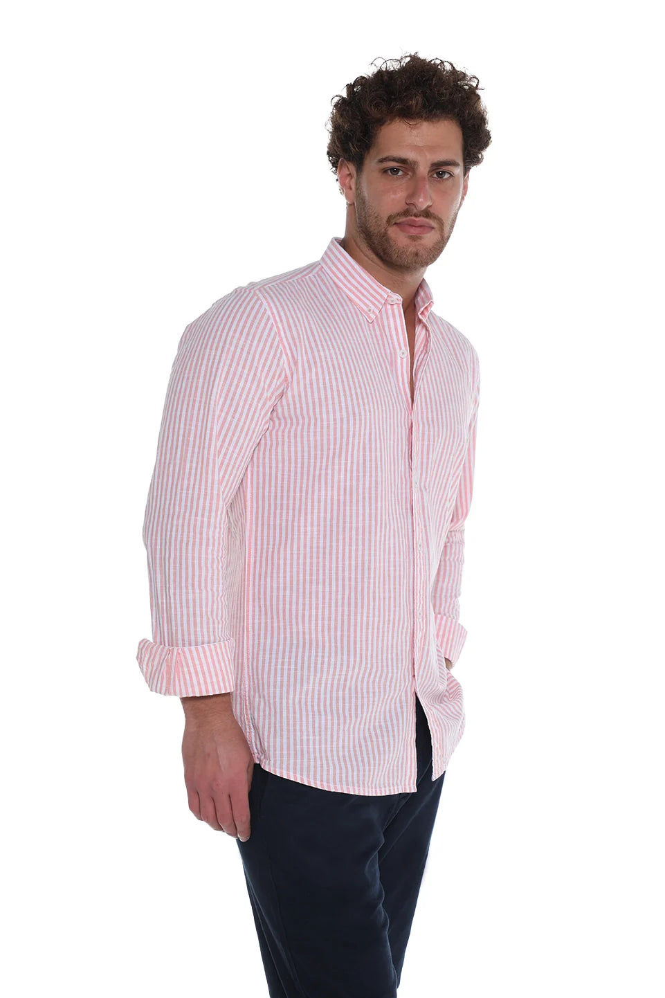 Long Sleeve Stripe Peach Linen Shirt