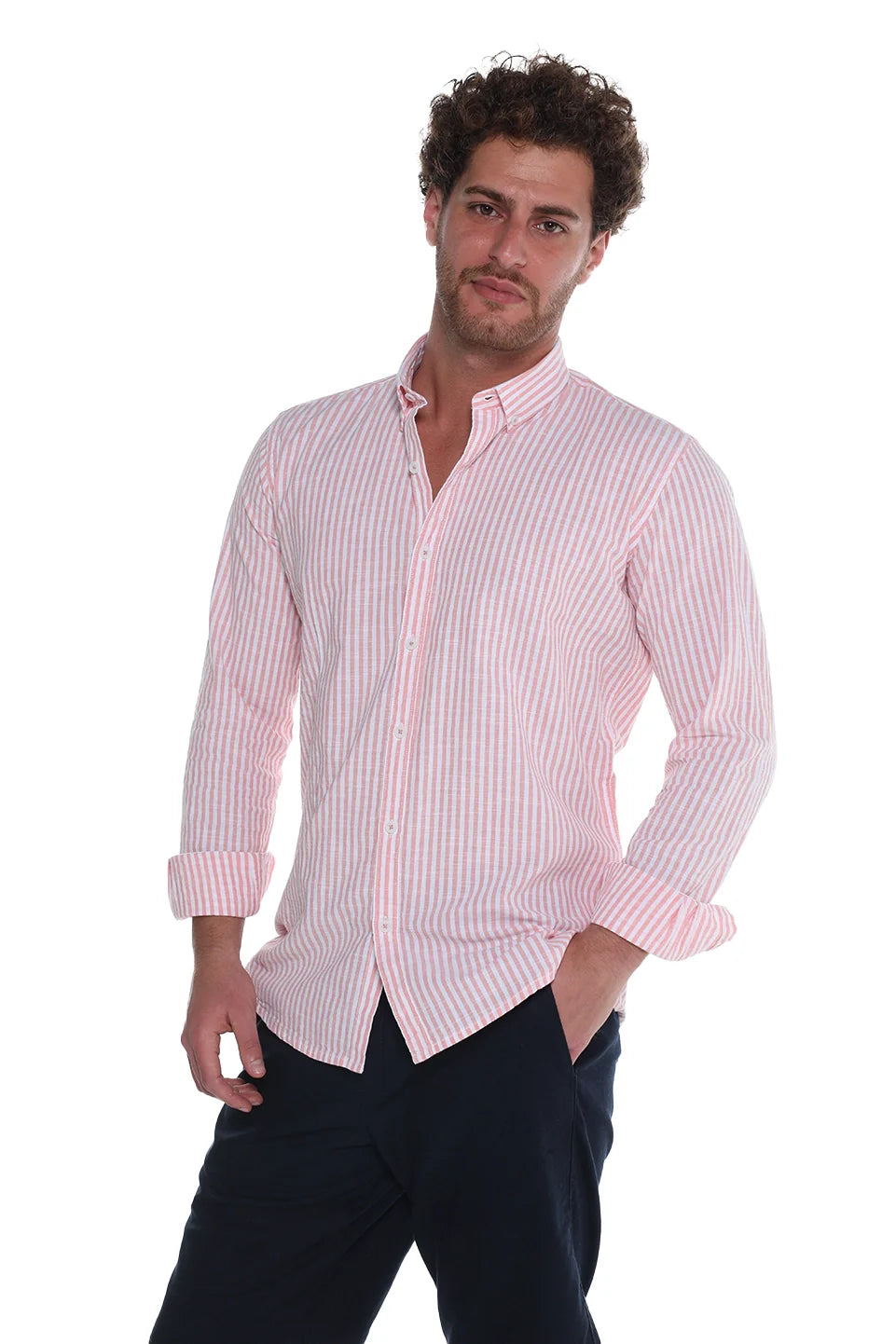 Long Sleeve Stripe Peach Linen Shirt