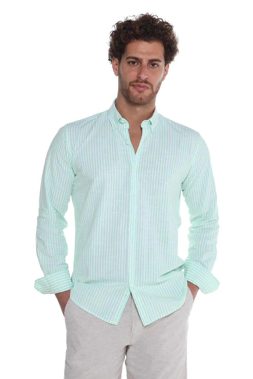 Long Sleeve Stripe Mint Linen Shirt