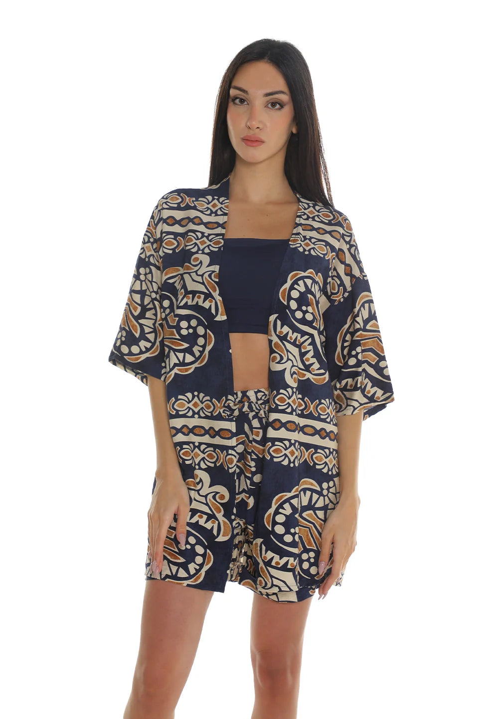 Navy Cardigan & Short Sets With Printed Design