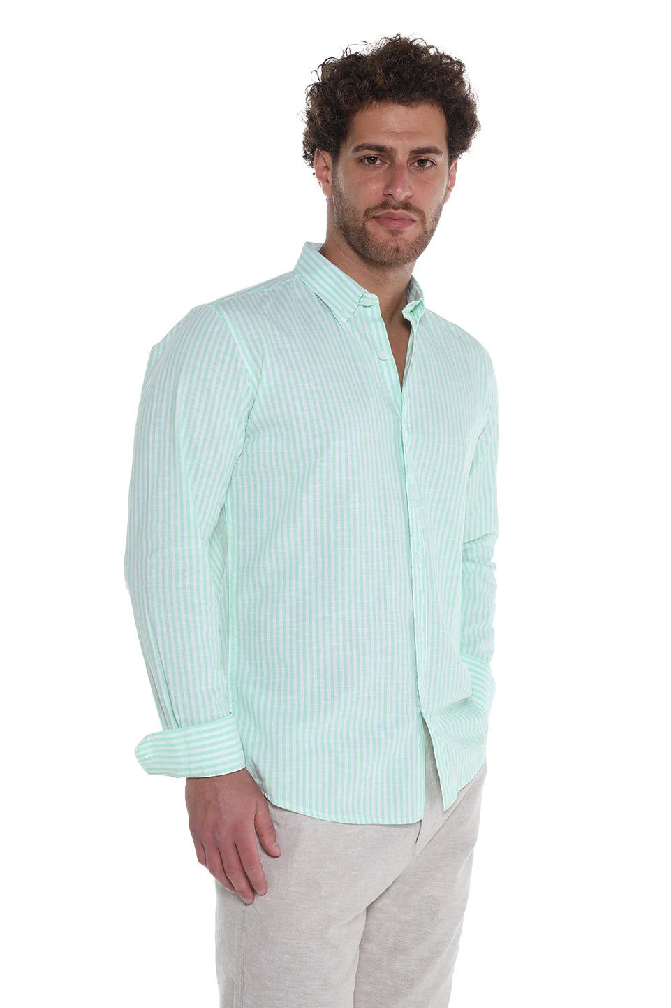 Long Sleeve Stripe Mint Linen Shirt